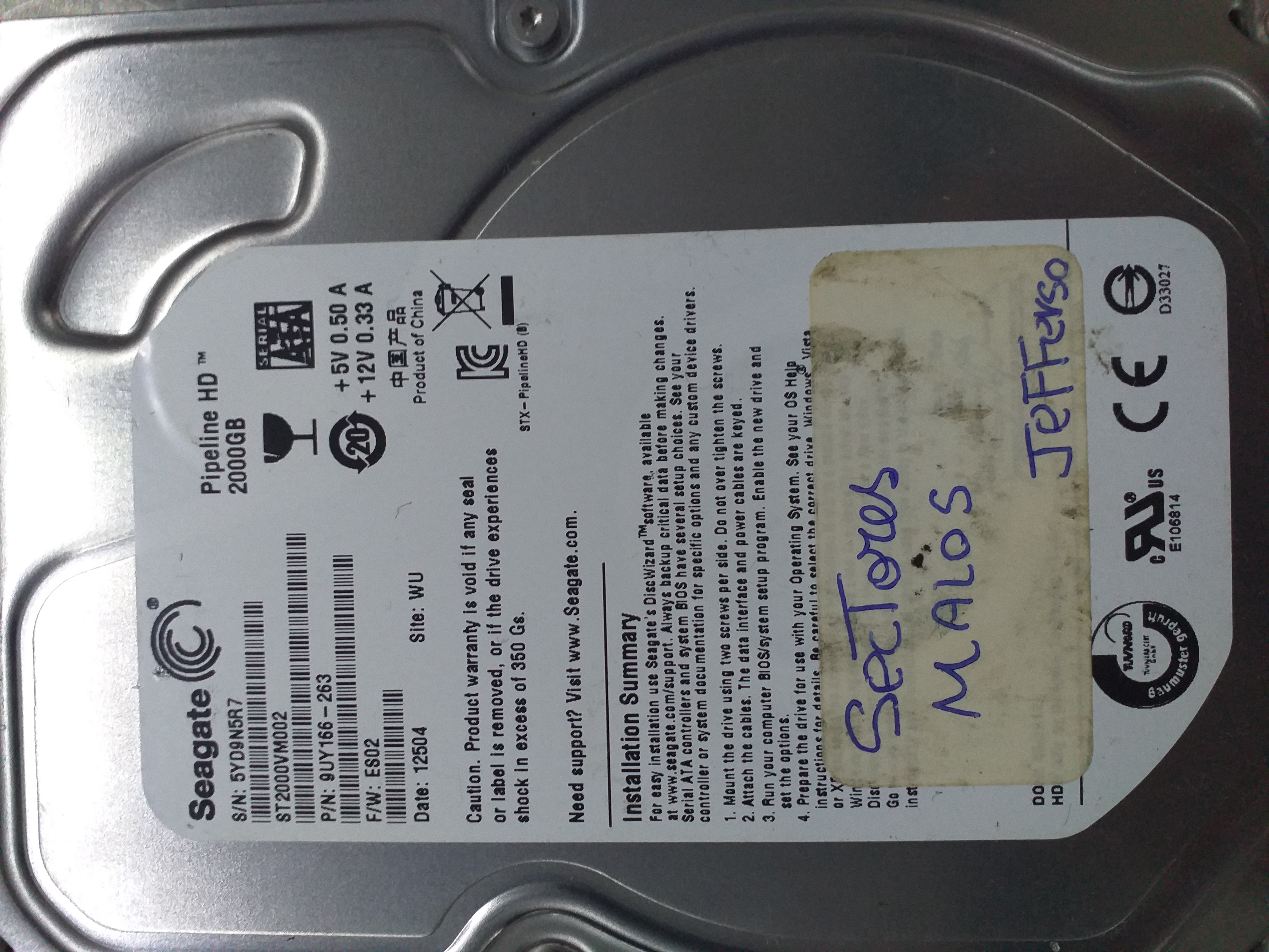 ST2000VM002, PCB: 100617465 REV B Serial Number:  5YD9N5R7 P/N: 9UY166-263