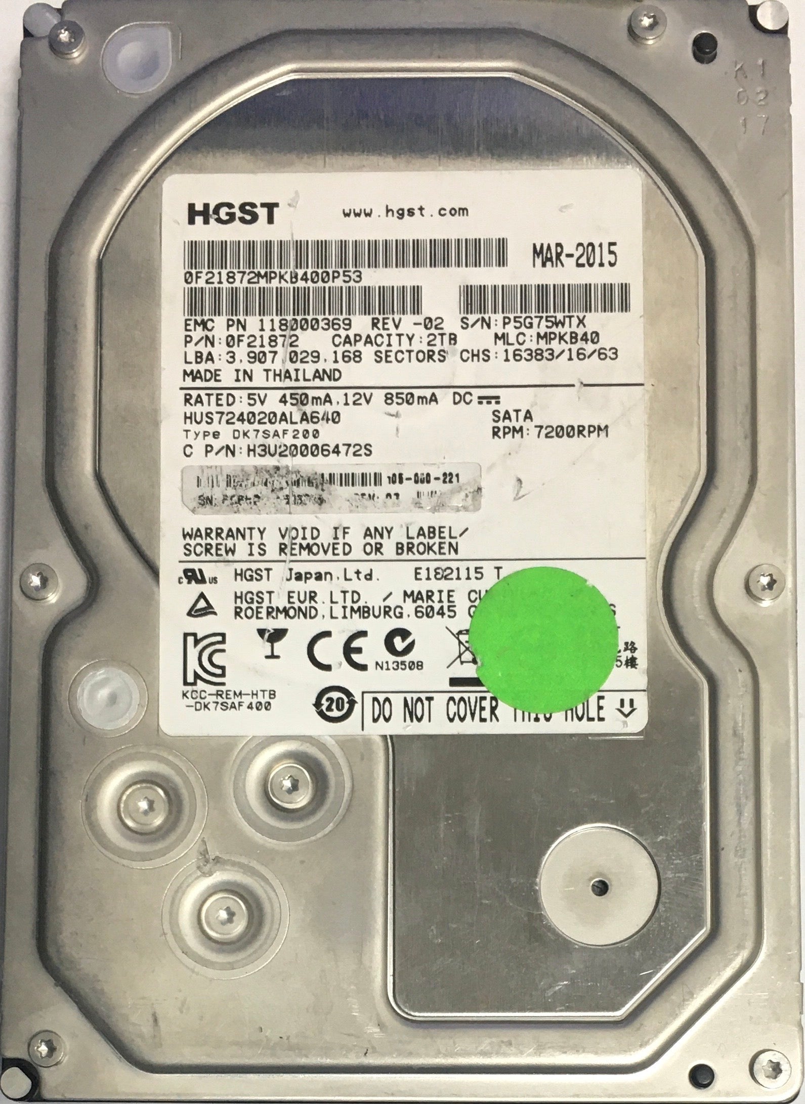 HUS7240ALA640,  Serial:P5G75WTX,  2000GB 3.5,  PCB :220 0A90379 01- REV A