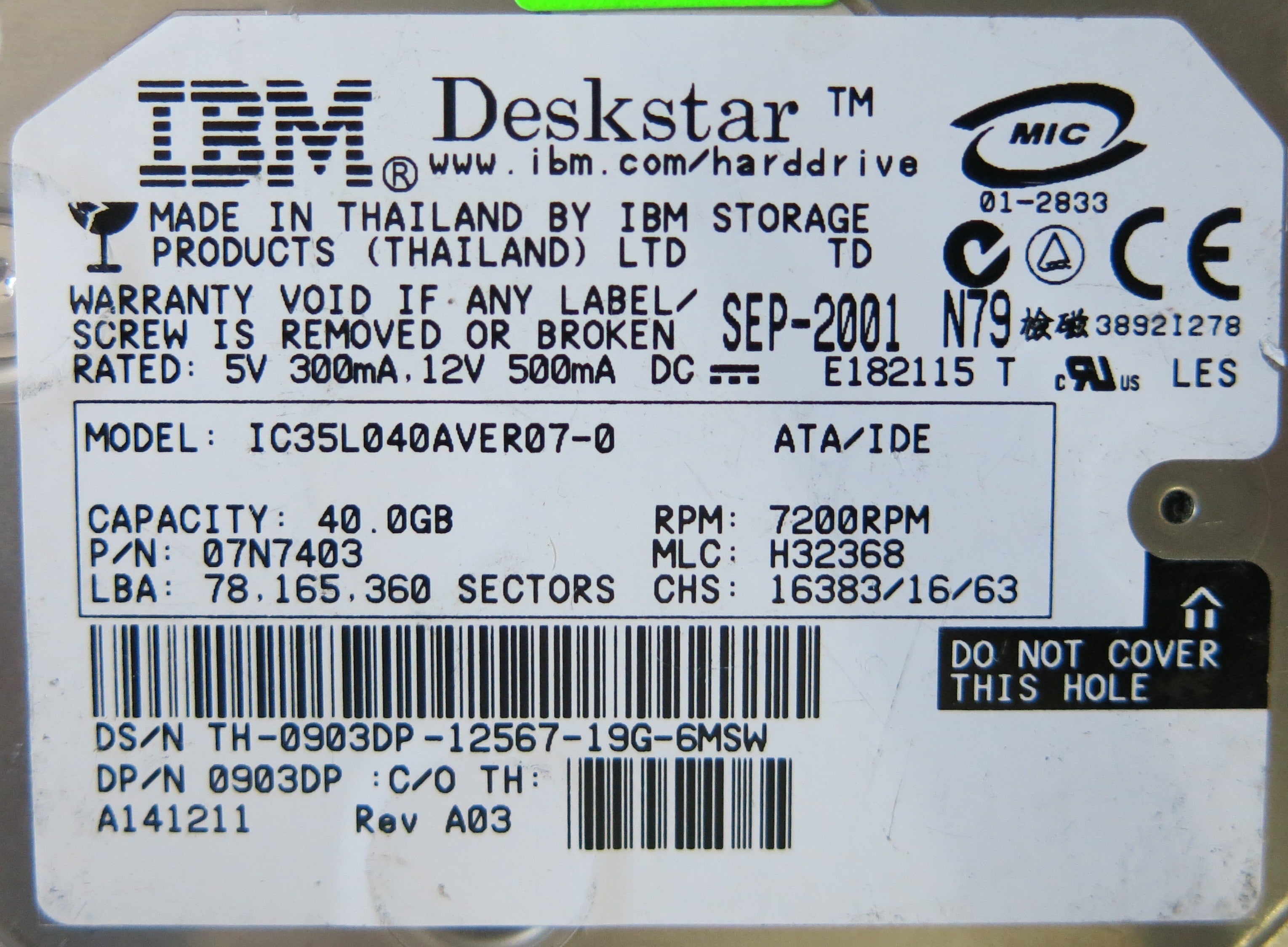 IBM HITACHI IC35L040AVER070 P/N 07N7403  B 35H9811- 01 PCB