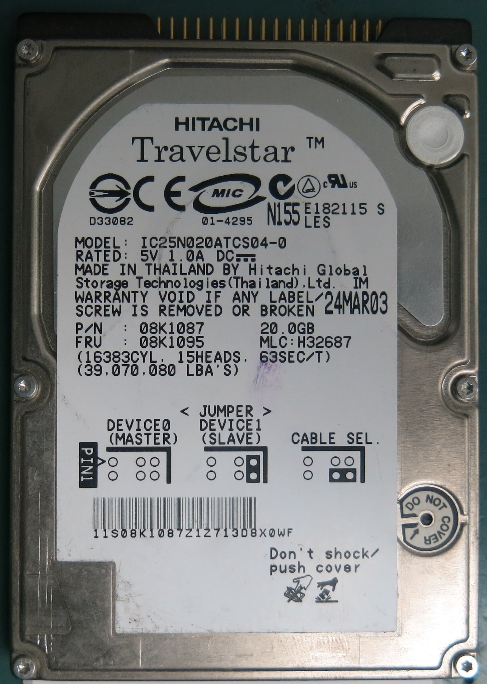 IC25N020ATCS04-0, P/N: 08K1087, MLC: H32687, 20GB 2.5