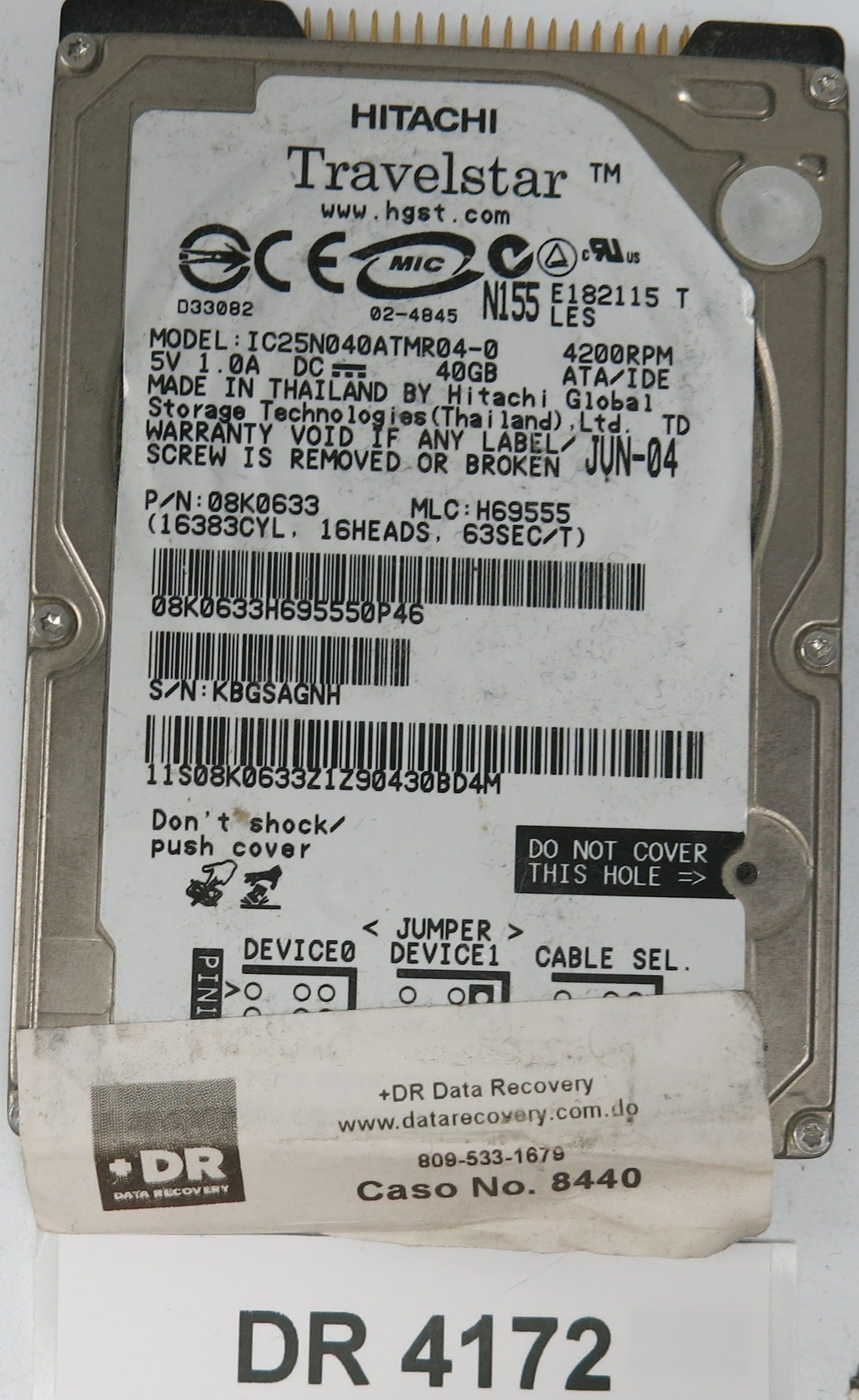 IC25N040ATMR04-0, Serial Number: KBGSAGNH, P/N: 08K0633, MLC: H69555, 40GB 3.5, PCB: 320 08K1794 01