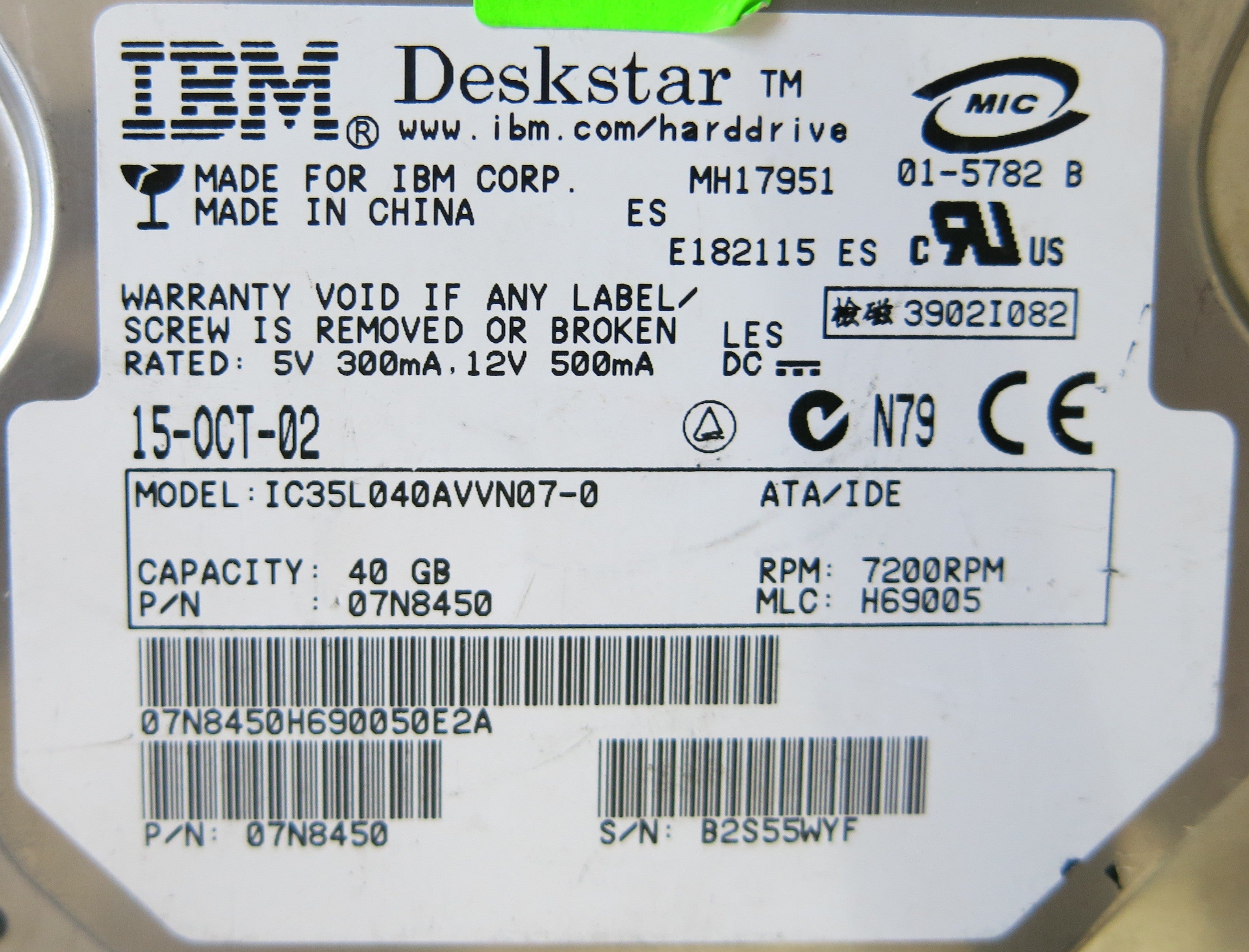 IC35L040AVVN07 P/N 07N8450 B 36H6419 01 PCB