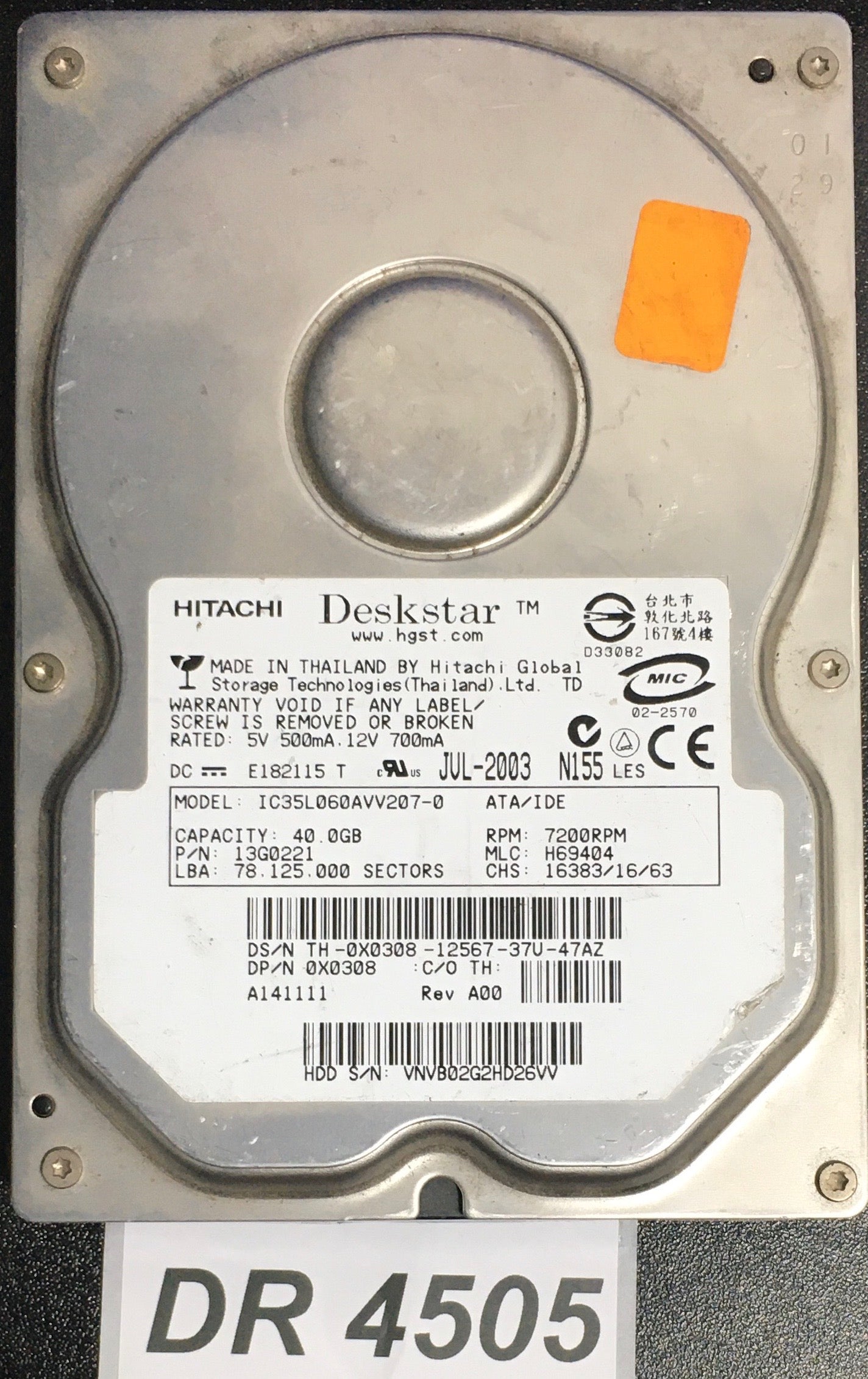 IC35L060AVV207-0  P/N:13G0221  Serial:WNVB02G2HD26VV  40GB 3.5