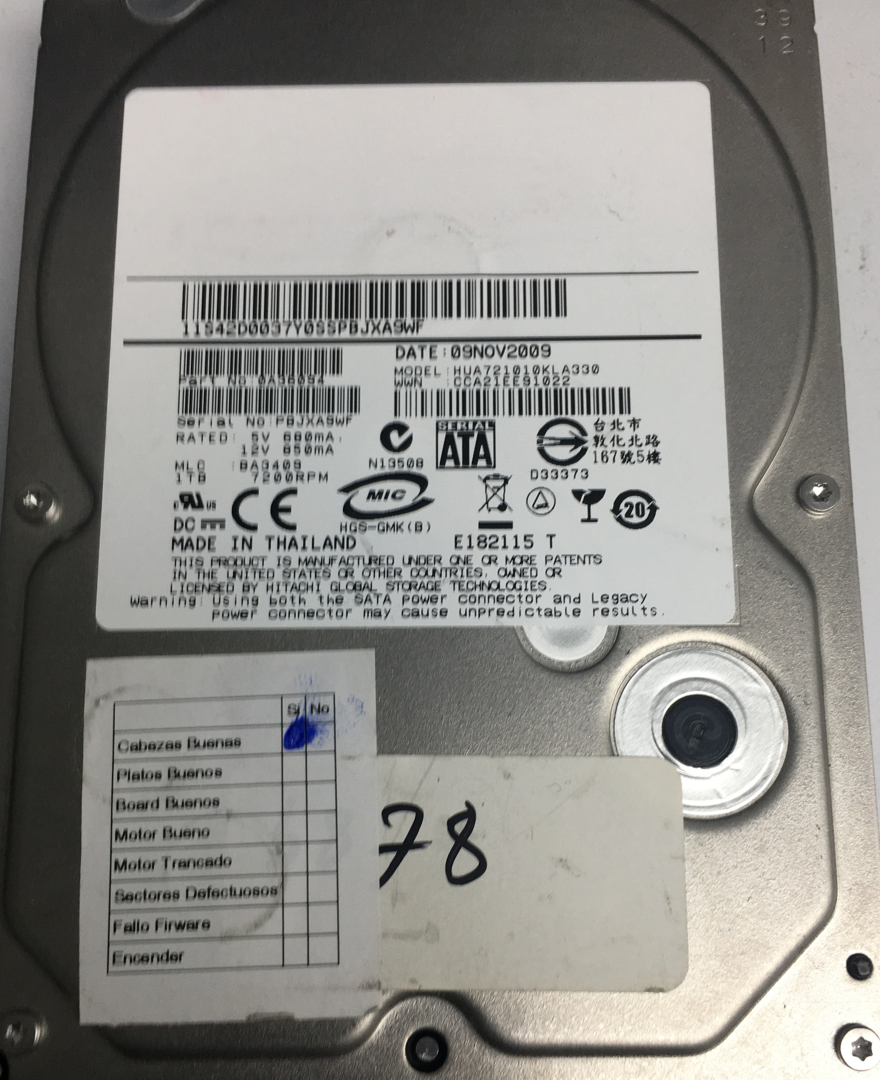 HUA721010KLA330,  P/N:0A26094,  Serial:PBJXA9WF,  1000GB 3.5,  PCB:110 0A29636 01- REV A