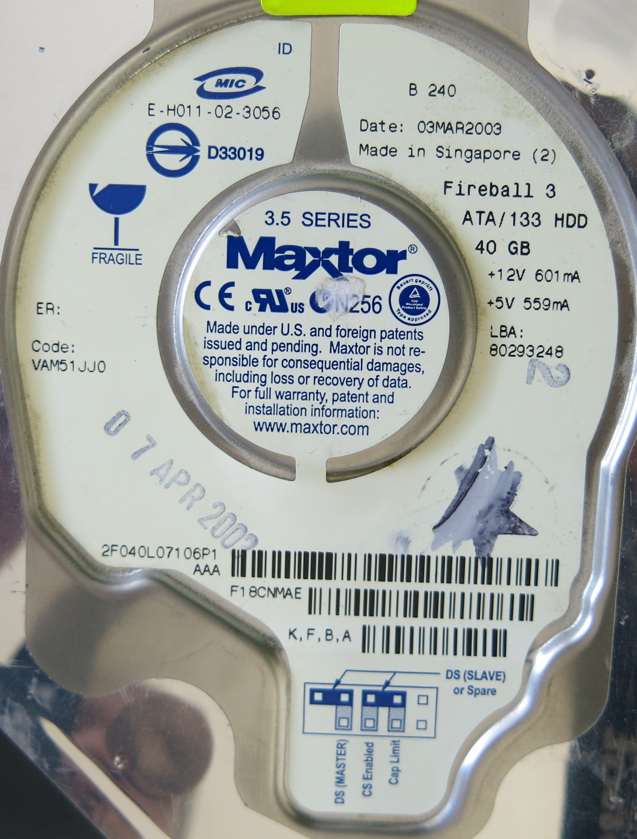 MAXTOR 2F040L07 CODE: VAM51JJ0  301525101 PCB