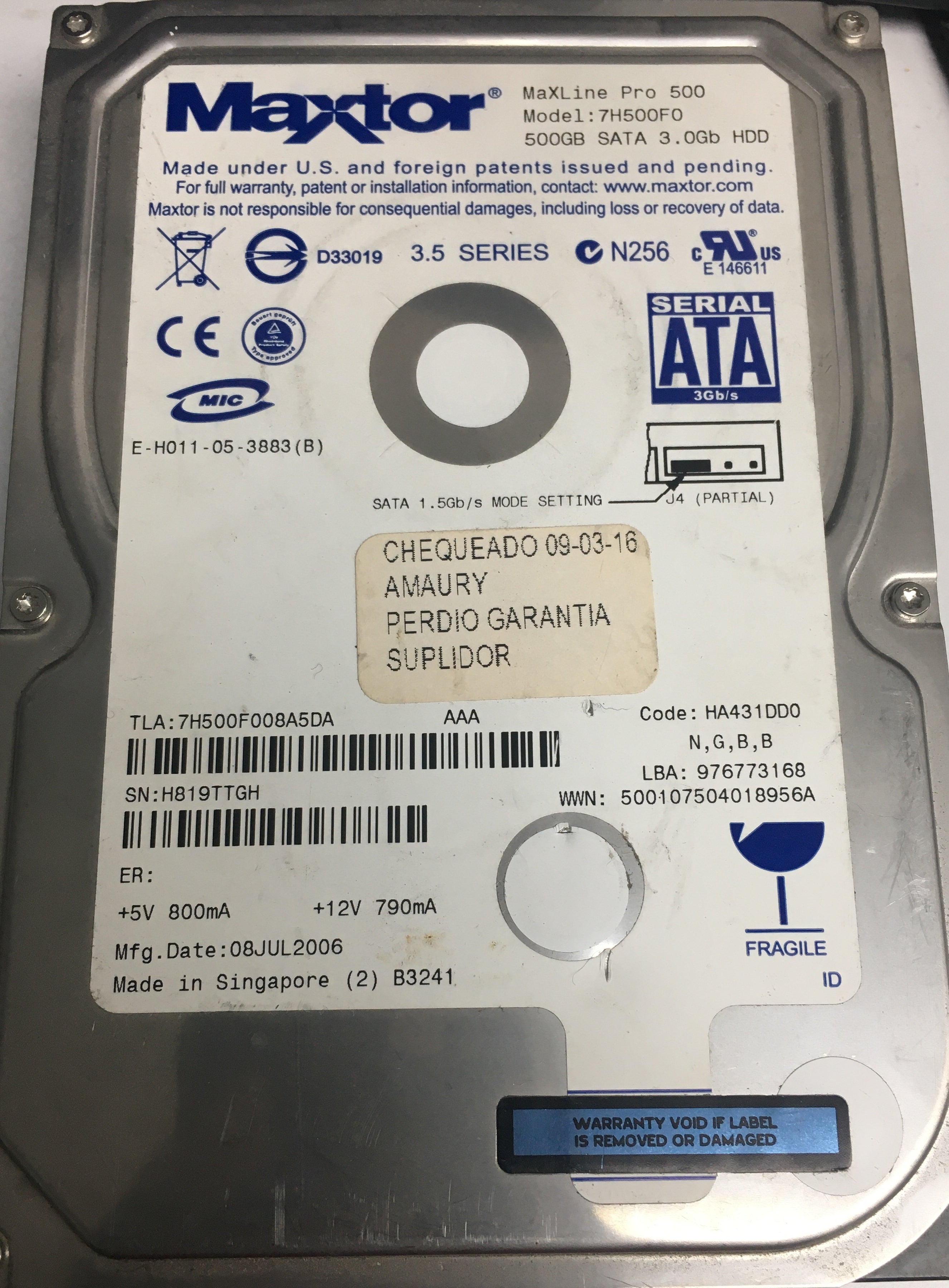 7H500F0,  Serial:H819TTGH,  500GB 3.5,  PCB:302021103- REV A