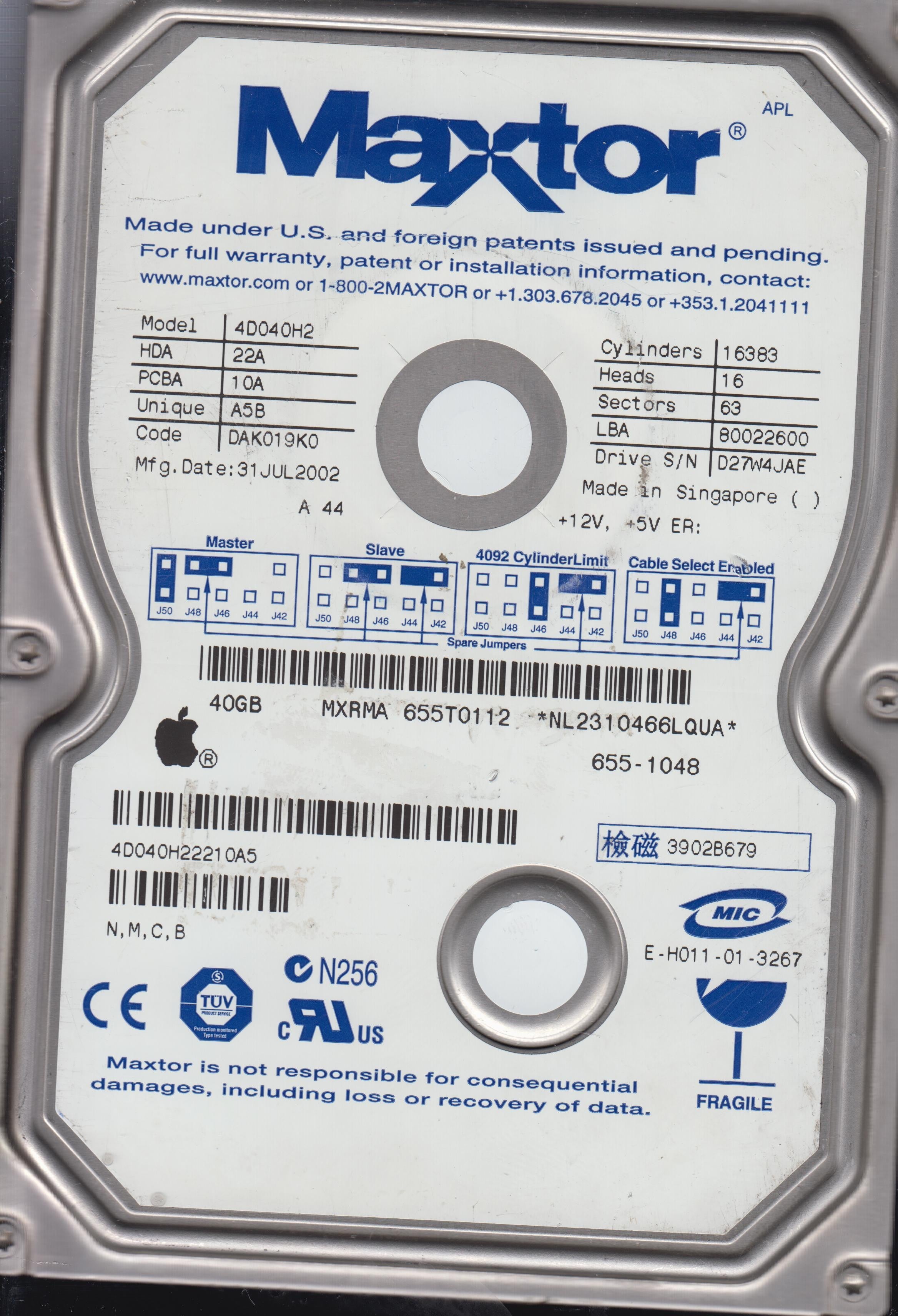 4D040H22210A5, PCB: 301424100, Serial: D27W4JAE, 40GB 3.5