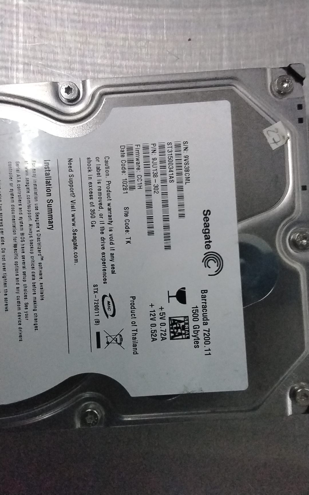 ST31500341AS, PCB: 100530756 REV A, Serial Number: 9VS3BCML, P\N:9JU138-302, FW: CC1H, 1500GB 3.5