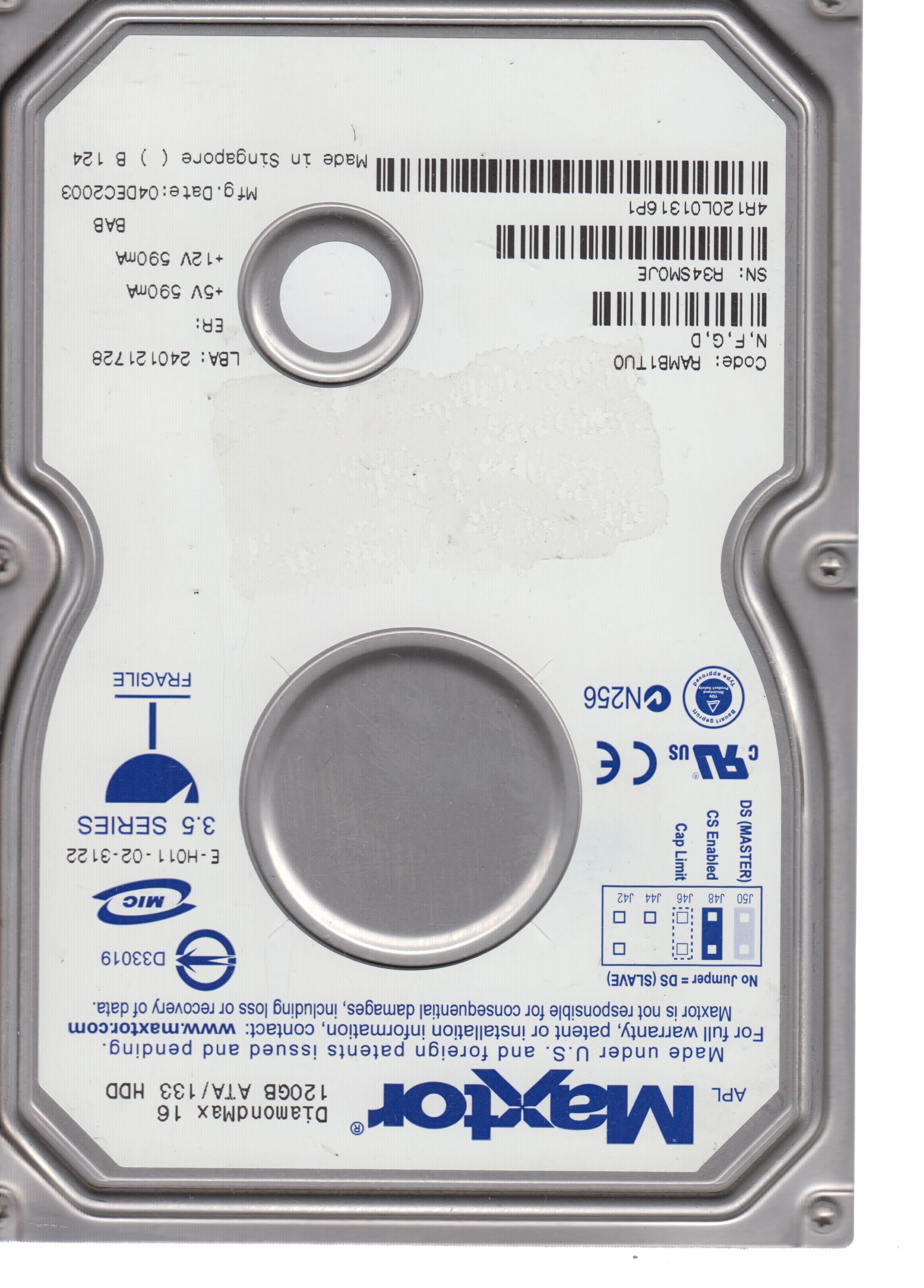 MODEL:`4R120L0,  Serial Number: R34SM0JE,  120GB 3.5,    PCB: 301593100,  Main Chip:AGERE POKER D.5 040108000