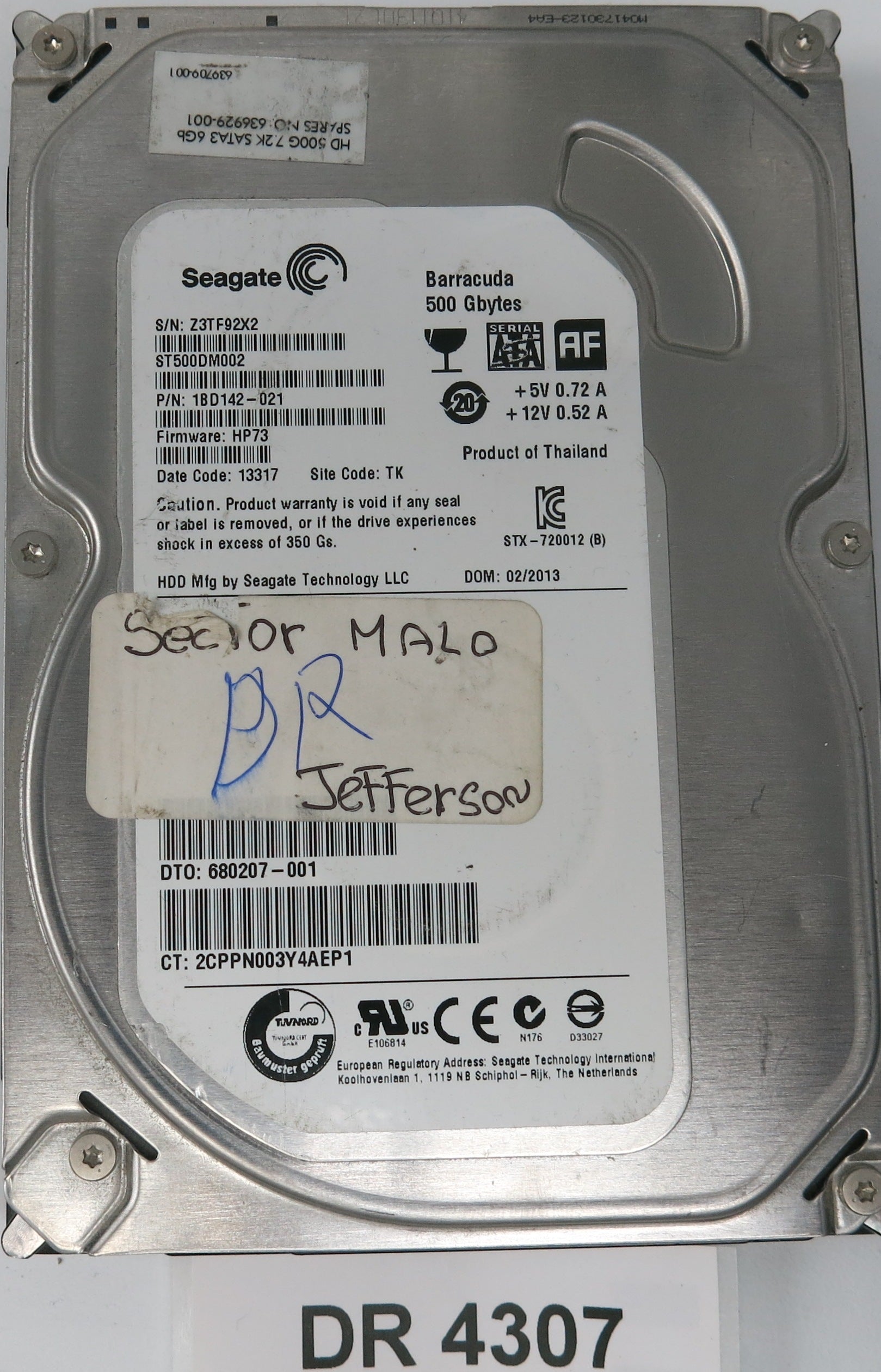 ST500DM002,  P/N:1BD142-021,  FW:HP73,  Serial:Z3TF92X2,  500GB 3.5,  PCB:100535704- REV C