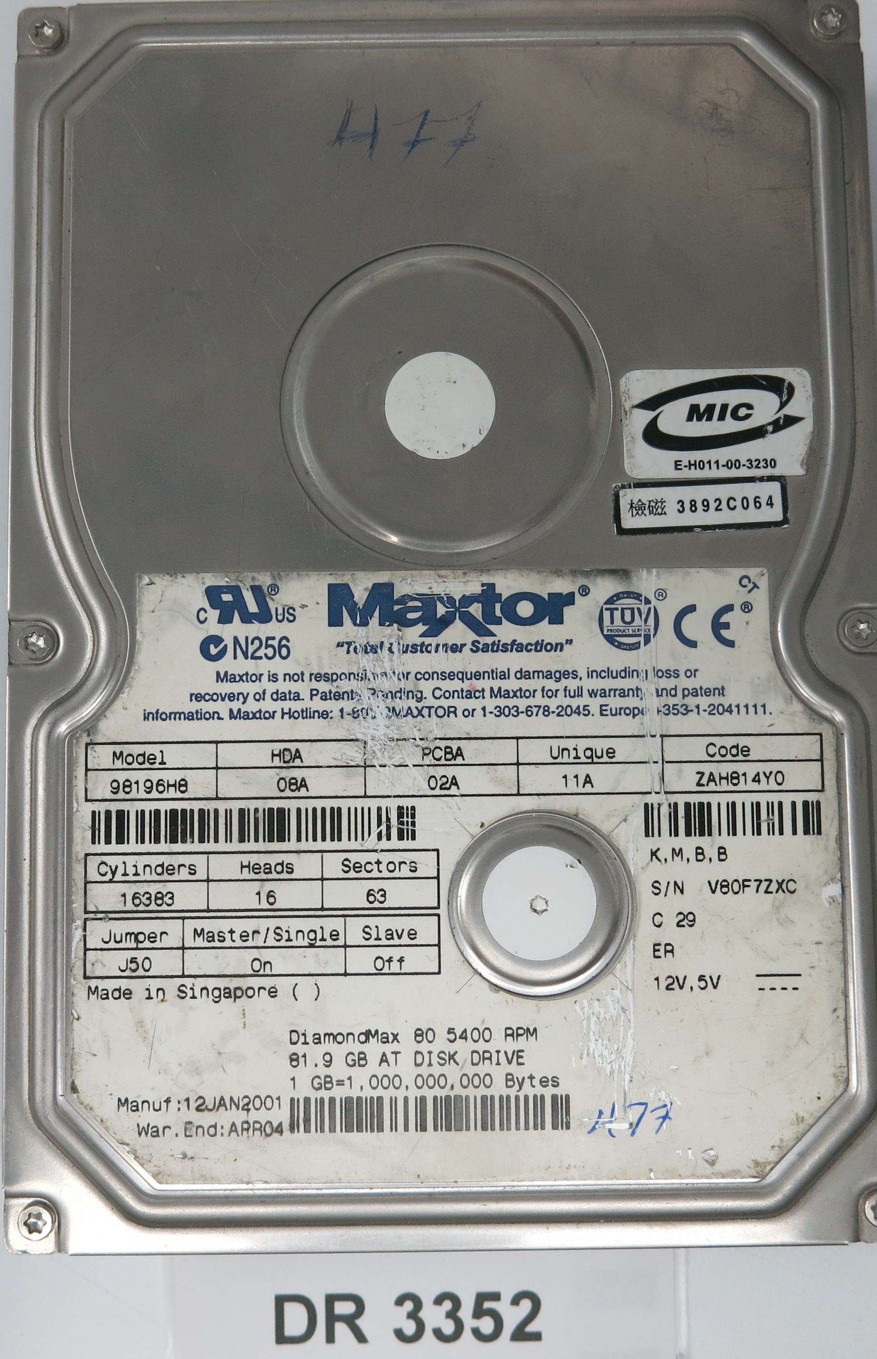 98196H8,  Serial:V80F7ZXC,  81.9GB 3.5,  PCB:301351101- REV A