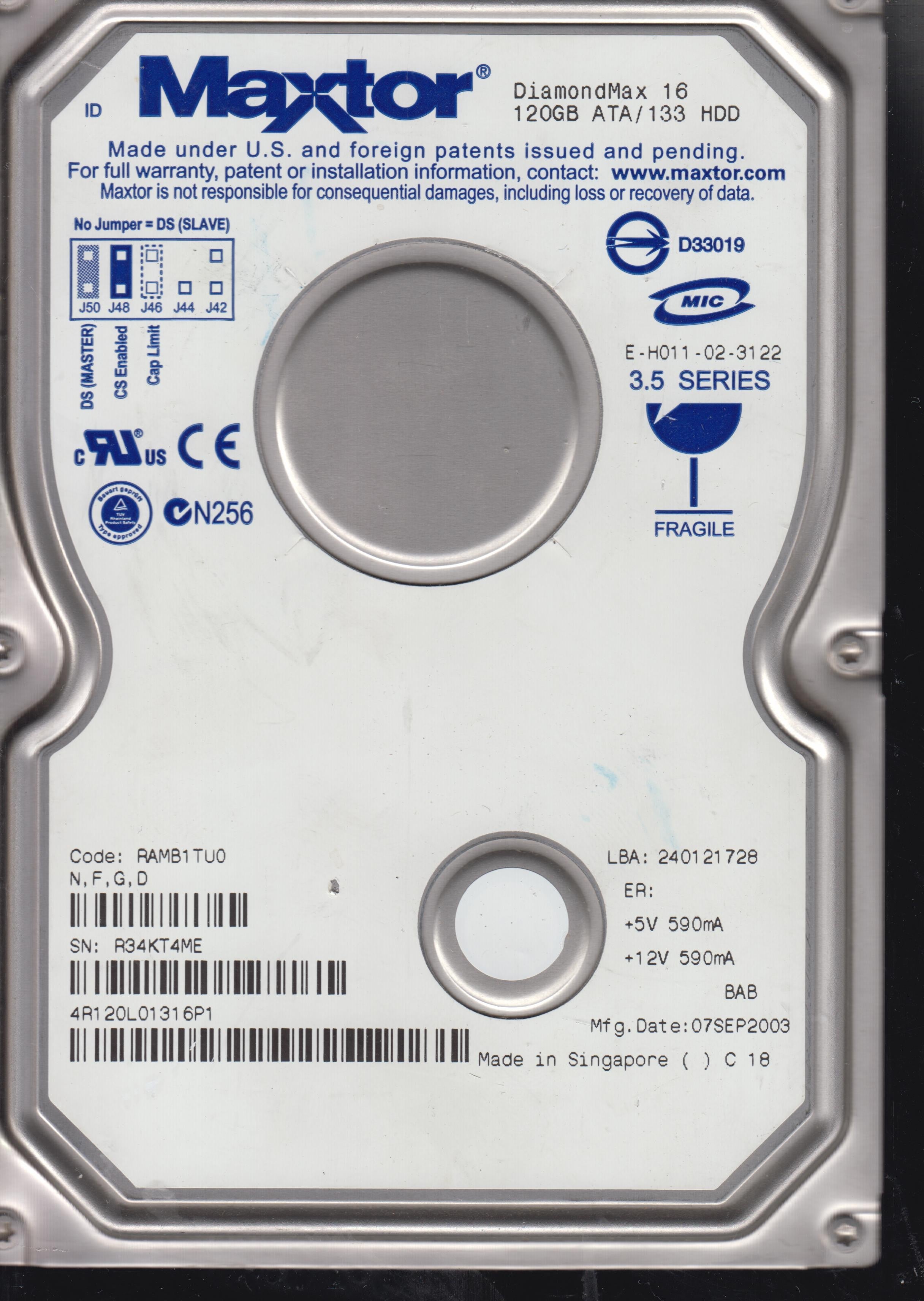 4R120L01316P1, PCB: 301593100 , Serial: R34KT4ME, 120GB 3.5