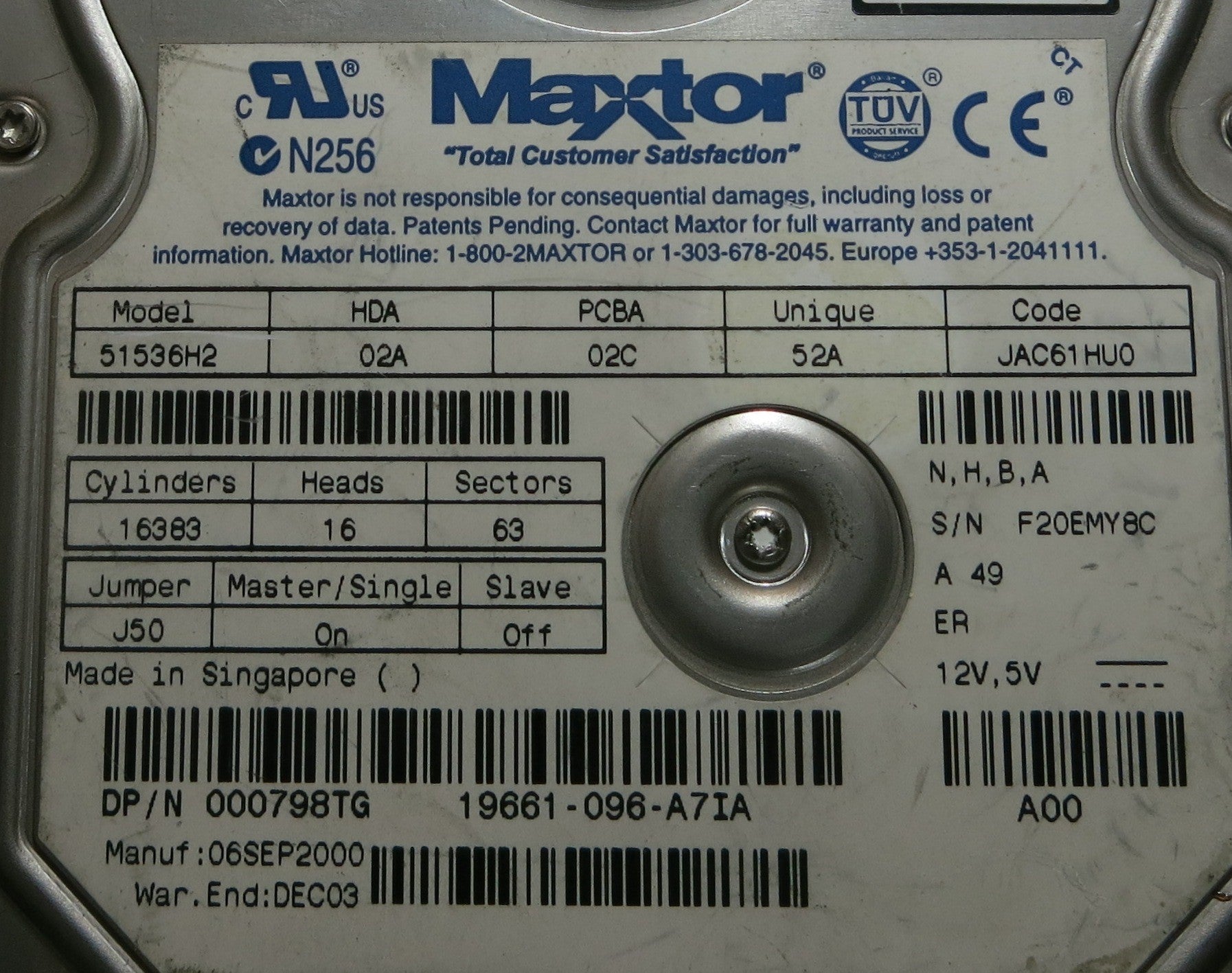 MAXTOR 51536H2 CODE JAC61HU0 N.H.B.A 301334101 PCB