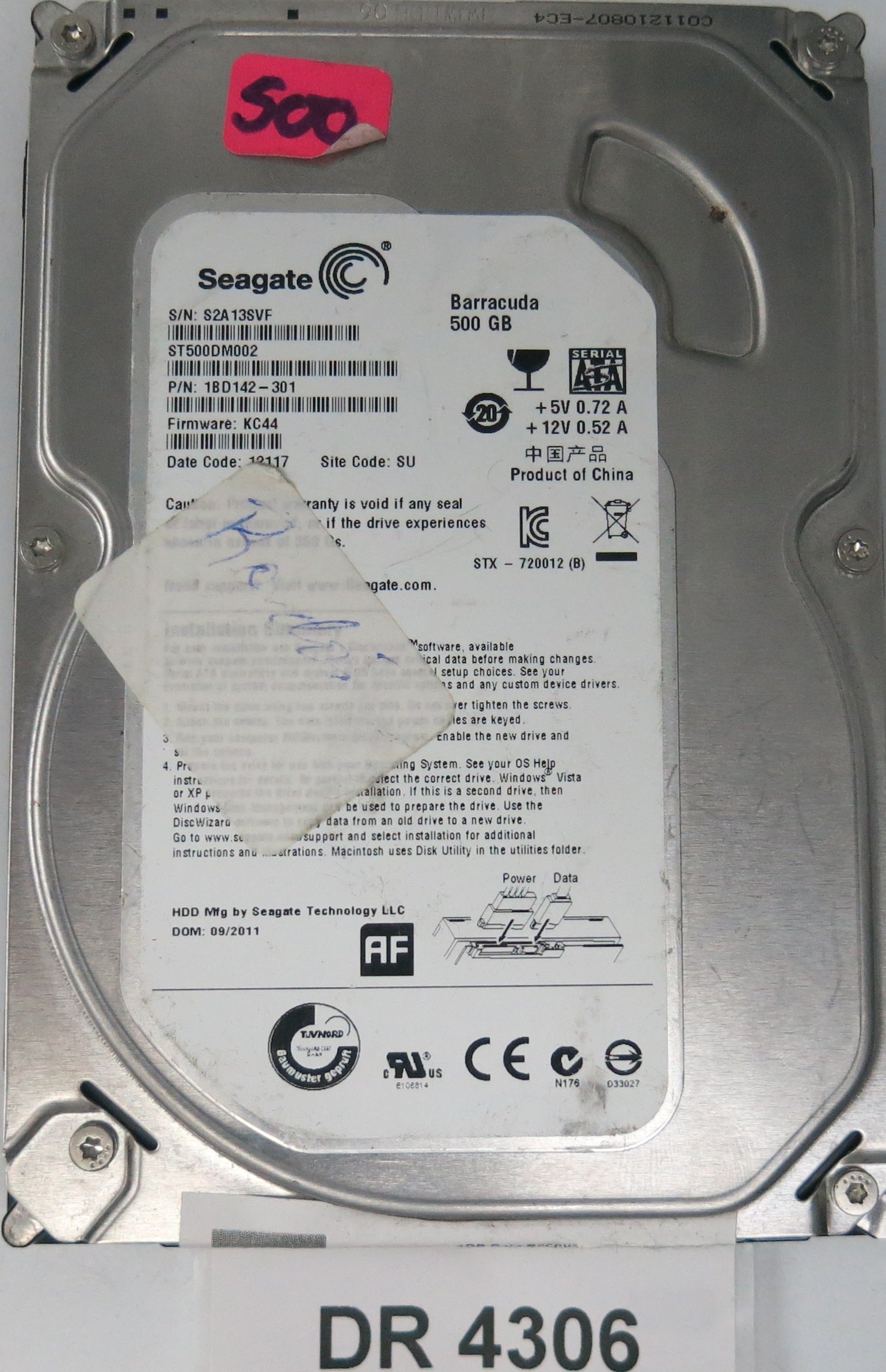 ST500DM002,  P/N:1BD142-301,  FW:KC44,  Serial:S2A13SVF,  500GB 3.5,  PCB:100532367- REV C