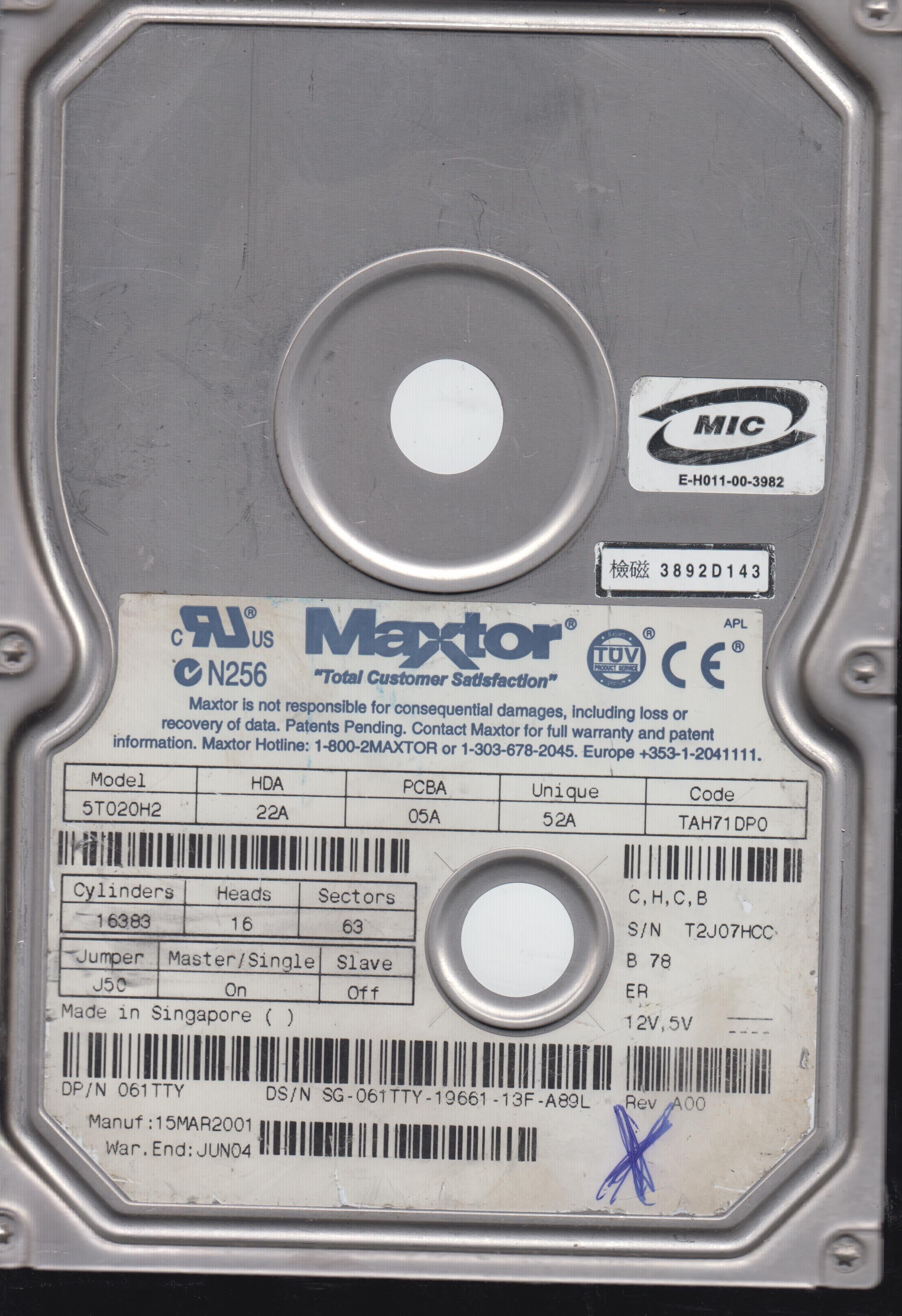5T020H2 CODE TAH71DP0 C,H,C,B 20GB 3.5