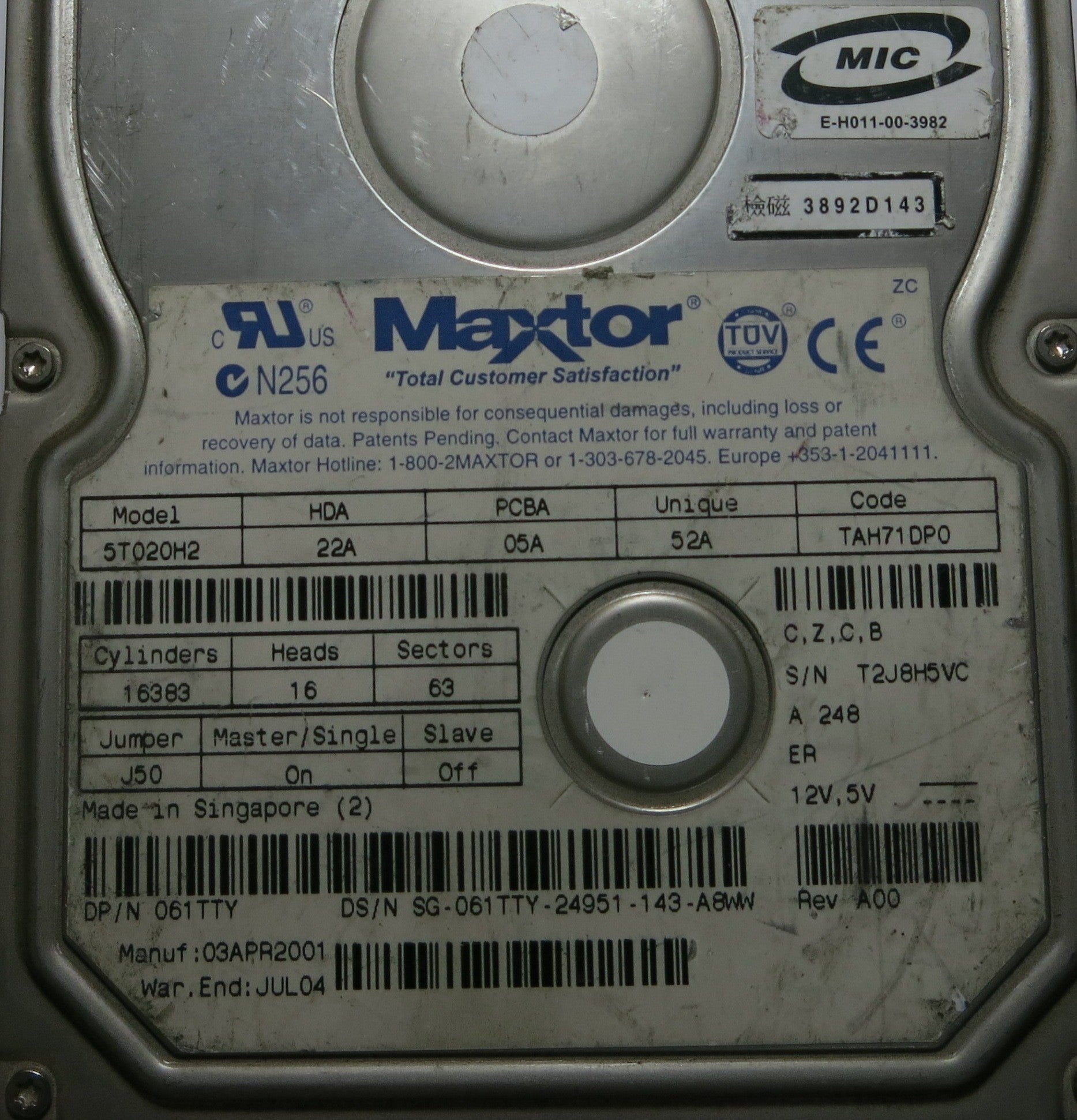MAXTOR 5T020H2 TAH71DP0 C,Z,C,B 301353102