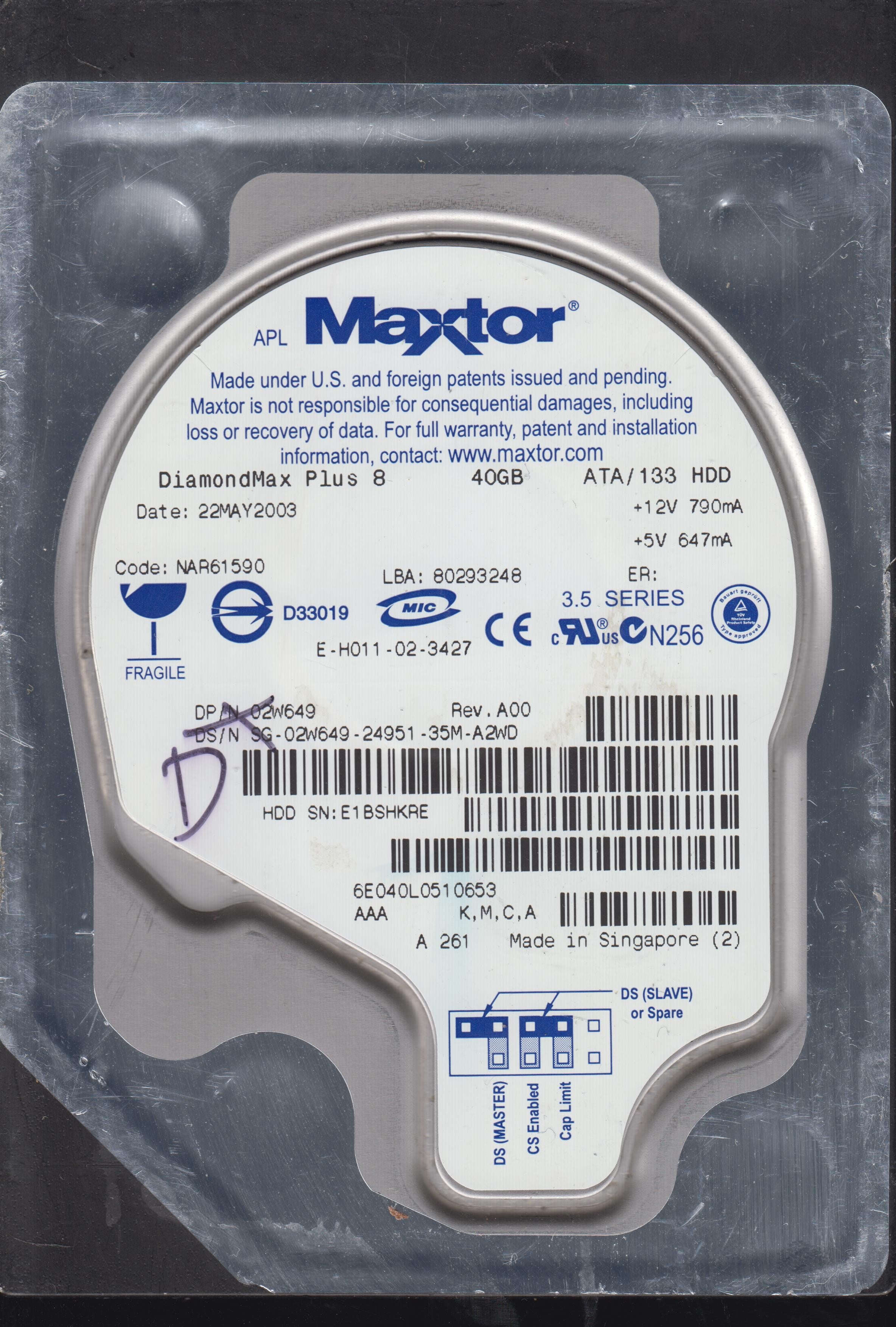 6E040L0510653, PCB: 301548100, Serial: E1BSHKRE, 40GB 3.5
