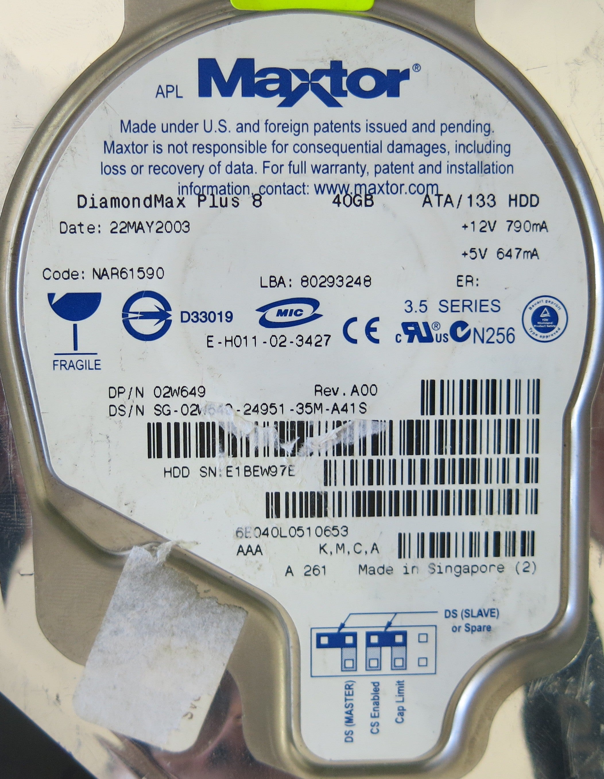 MAXTOR 6E040L0 CODE NAR61590 K.M.C.A  301548100 PCB