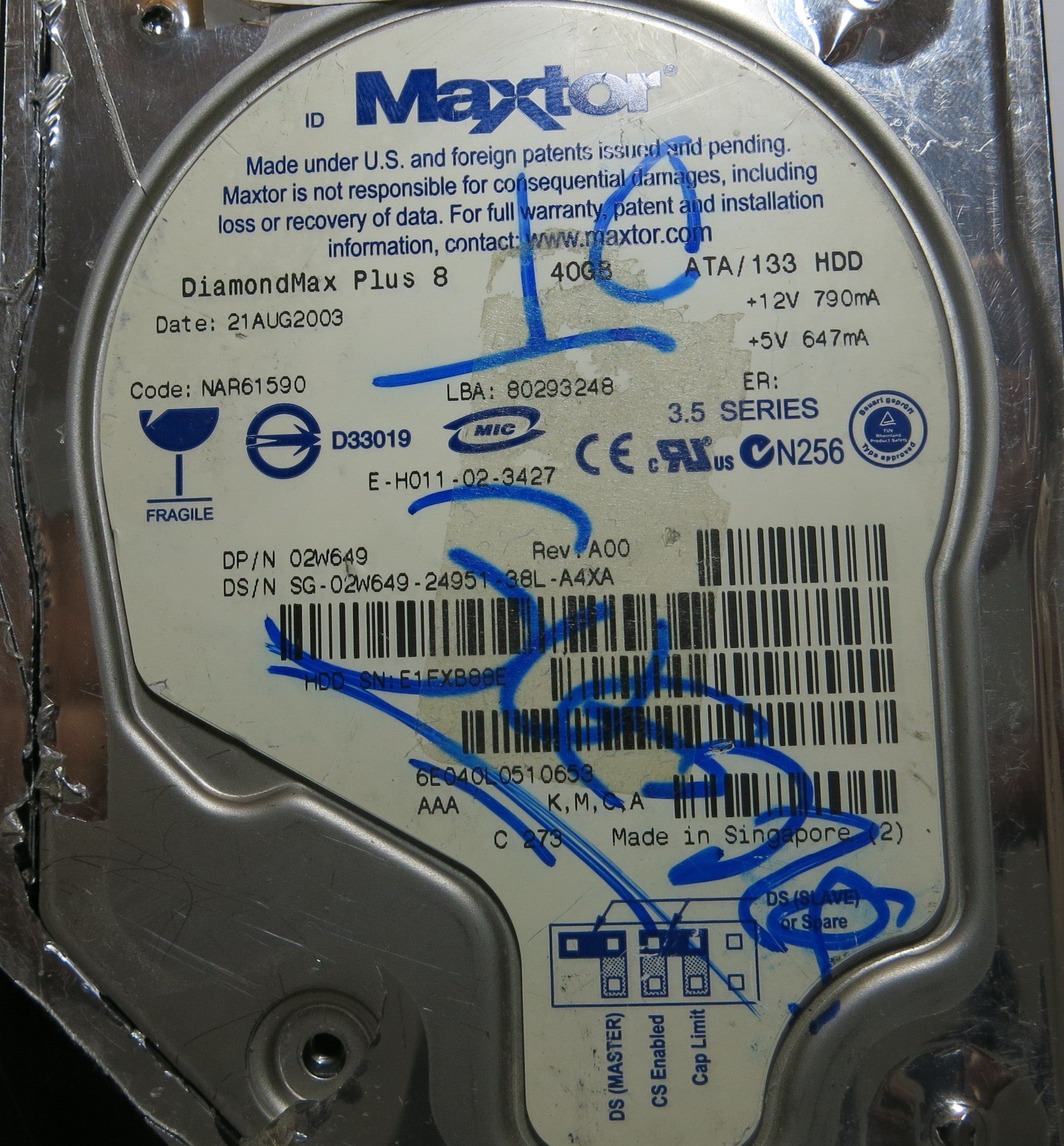 MAXTOR 6E040L0 CODE NAR61590 K.M.C.A 301548100