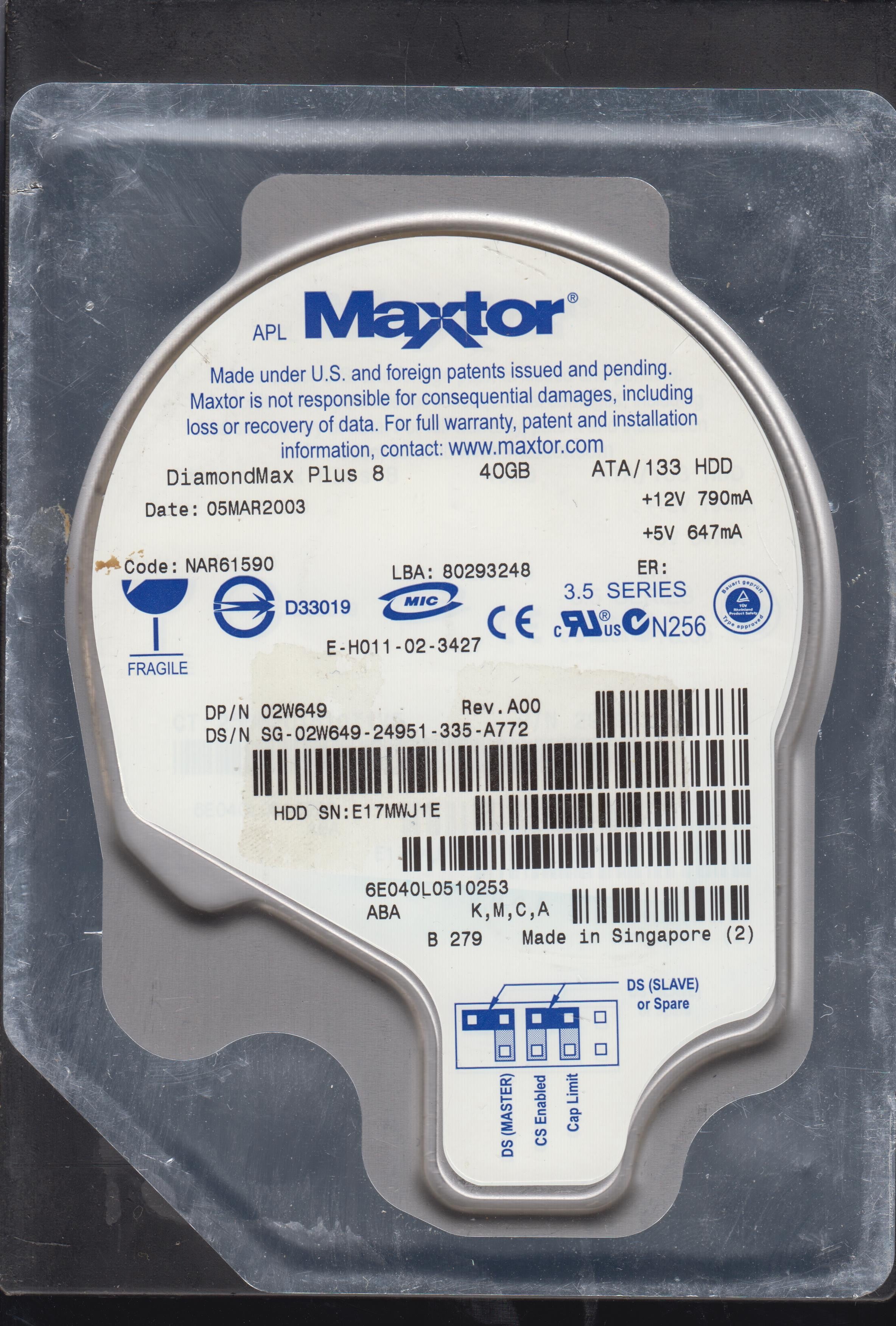 6E040L0510253, PCB: 301548100, Serial: E17MWJ1E, 40GB 3.5
