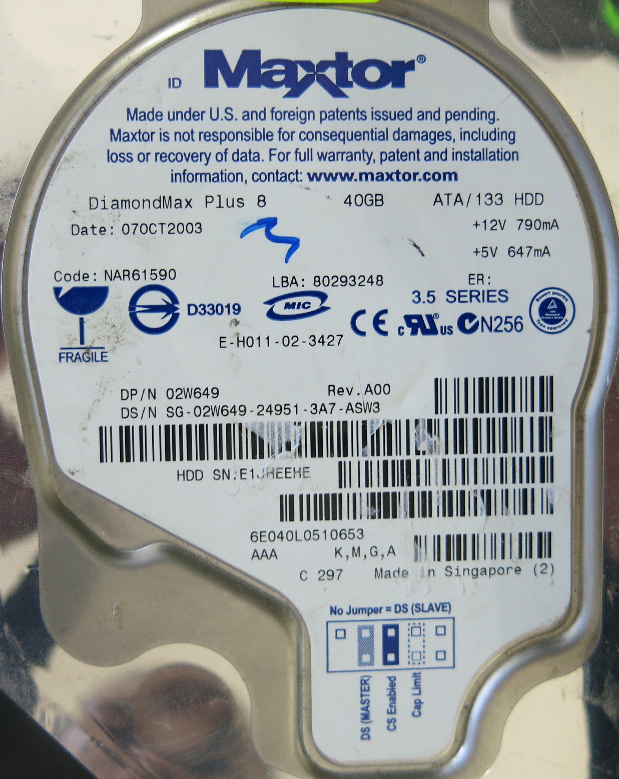 MAXTOR 6E040L0 CODE NAR61590 K.M.G.A  301548100 PCB