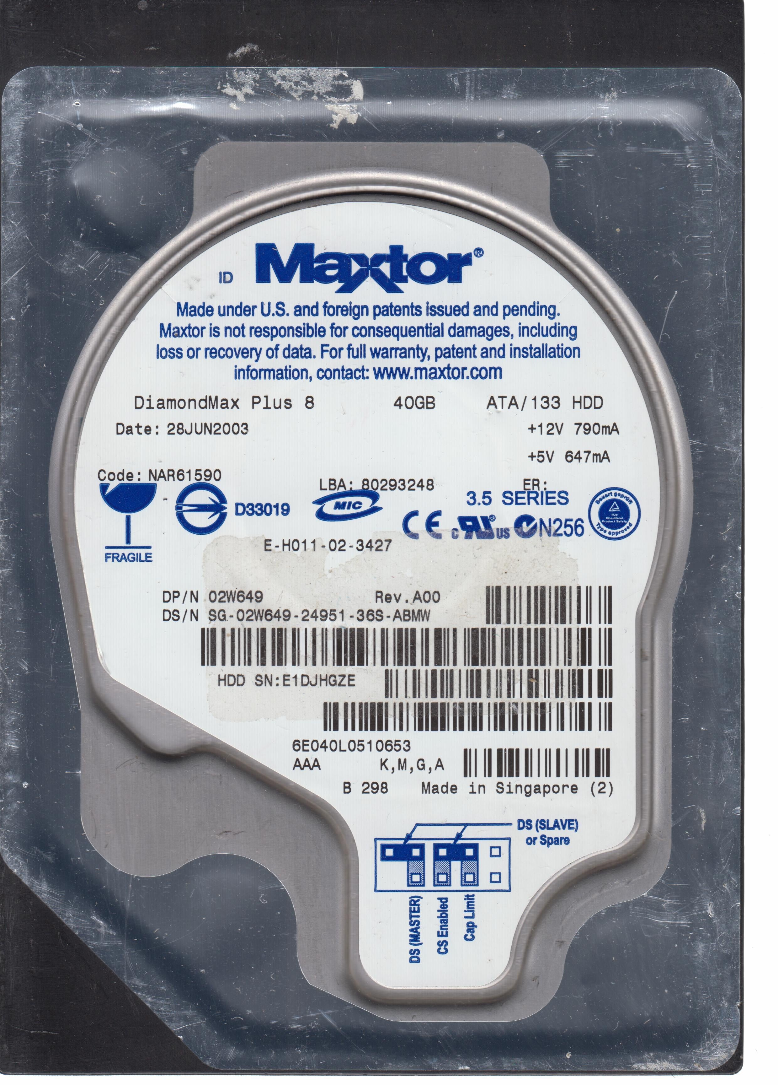MODEL: 6E040L0, Serial Number: E1DJHGZE  40GB 3.5    PCB: 301548100,  Main Chip: ARGEN C9-C1 040112600