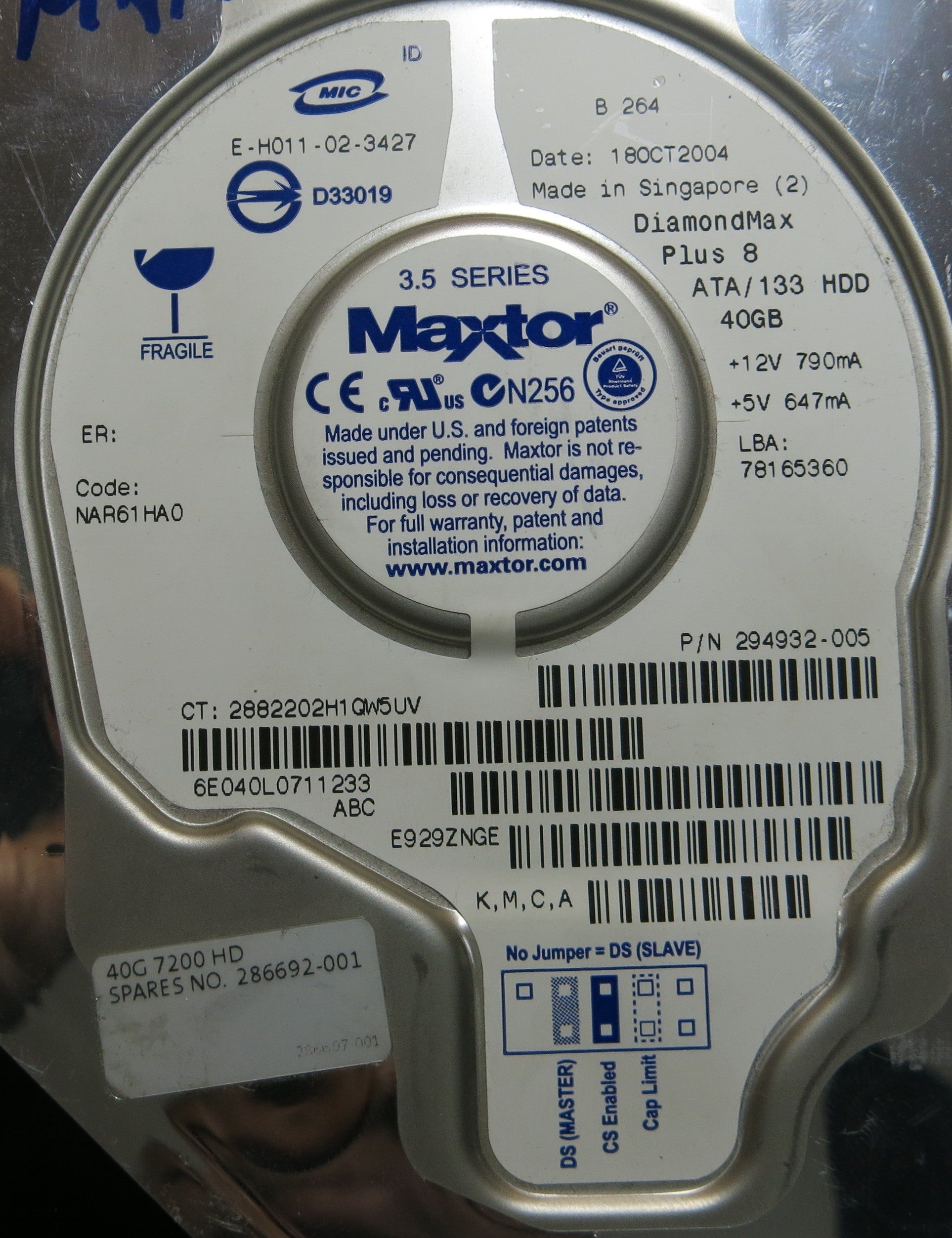 MAXTOR 6E040L0 NAR61HA0 K.M.C.A 301682101