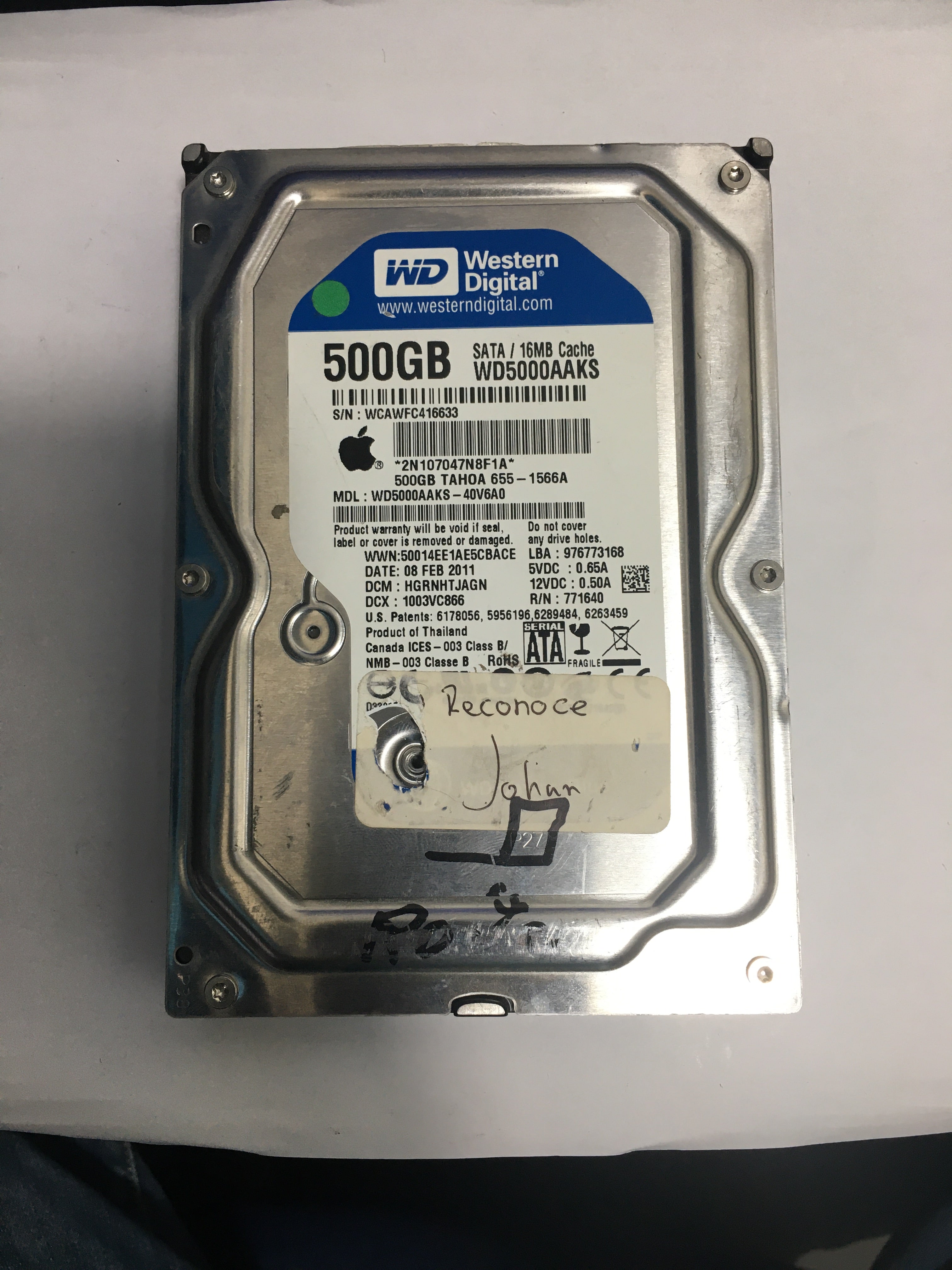 WD5000AAKS-40V6A0,  Serial:WCAWFC416633,  500GB 3.5,  PCB:2060-771640-002- REV A