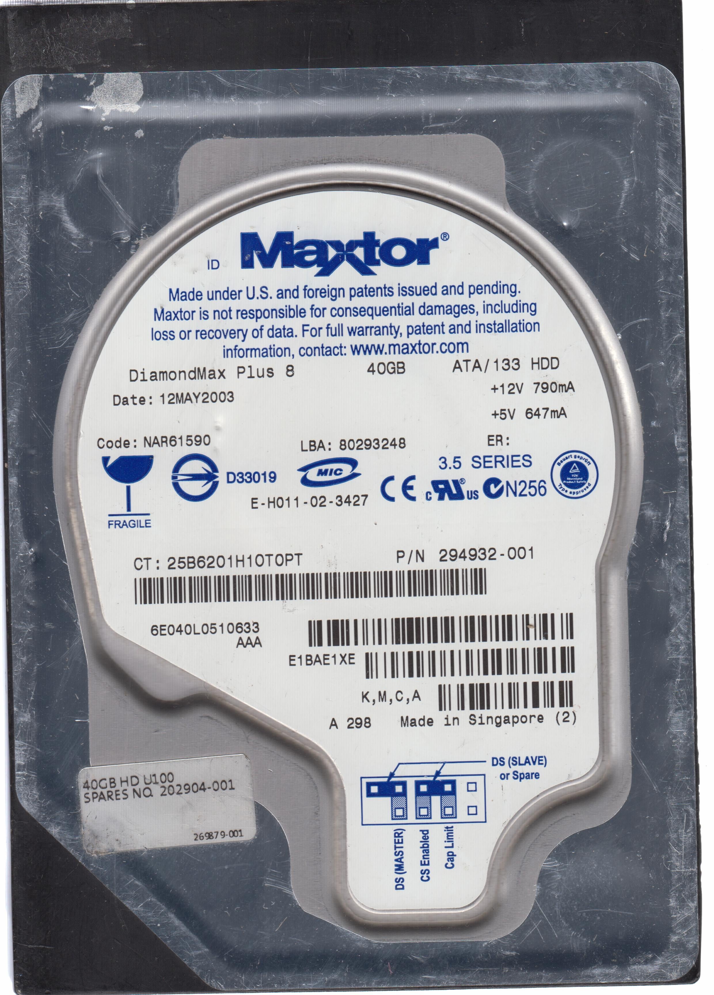 MODEL: 6E040L0510633,  Serial Number: 25B6201H1OT0PT  40GB 3.5,    PCB: 301548100,  Main Chip: ARDENT C9-01 040112600