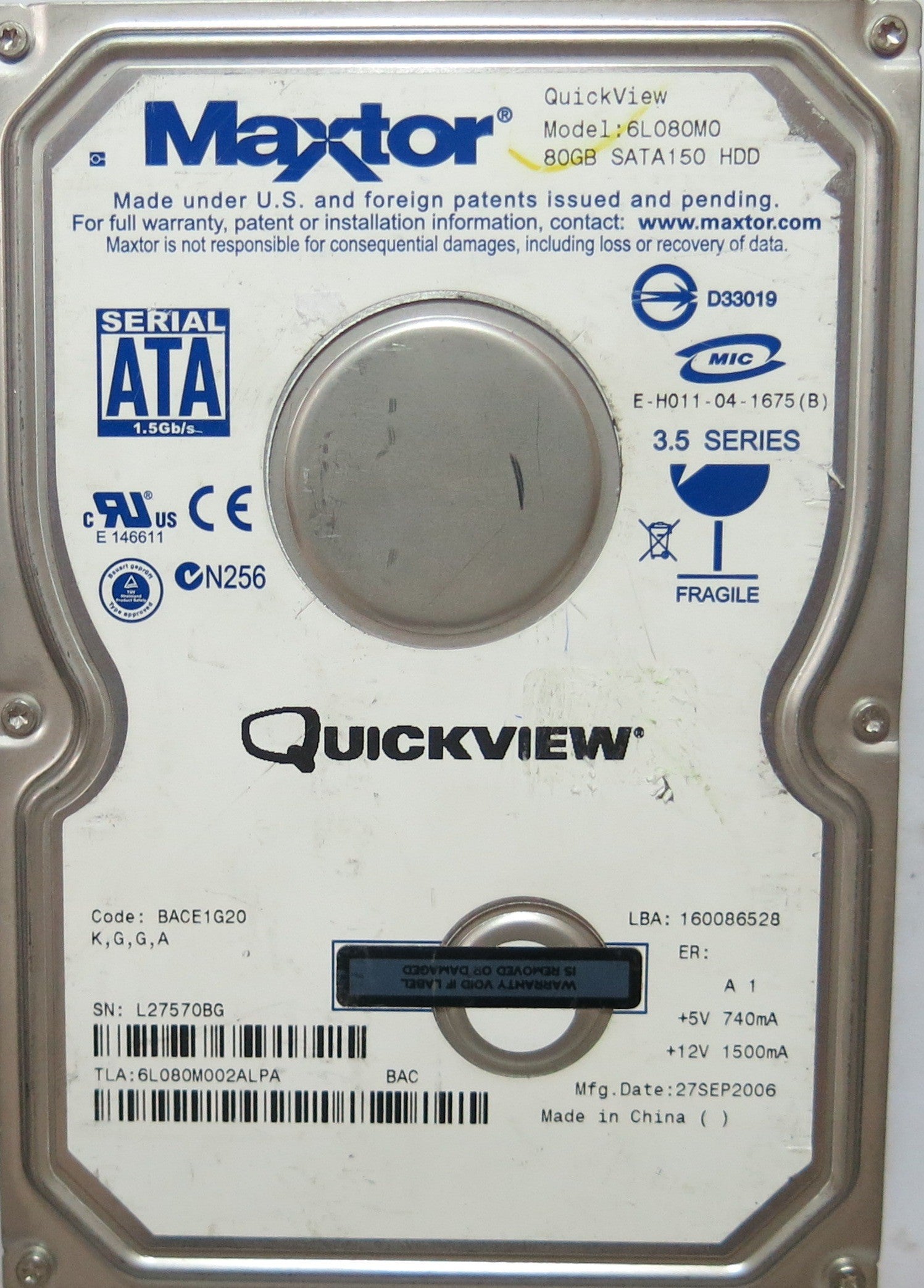 6L080M00 PCB: 302071101 SERIAL: L27570BG CODE: BACE 1G20 K.G.G.A 80GB