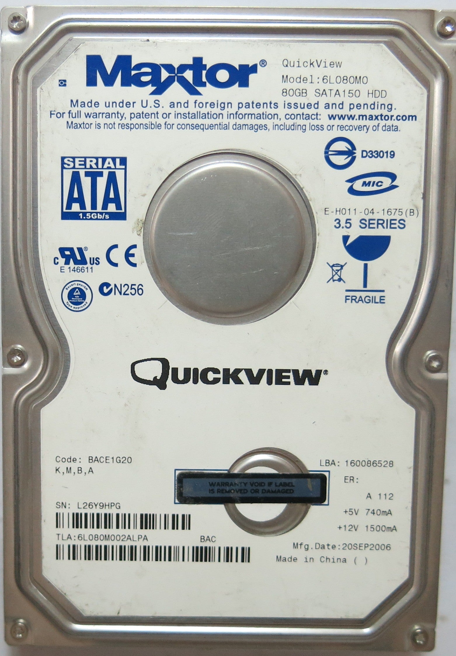 6L080M00 PCB: 302071101 SERIAL: L26Y9HPG CODE: BACE 1G20 K,M,B,A 80GB