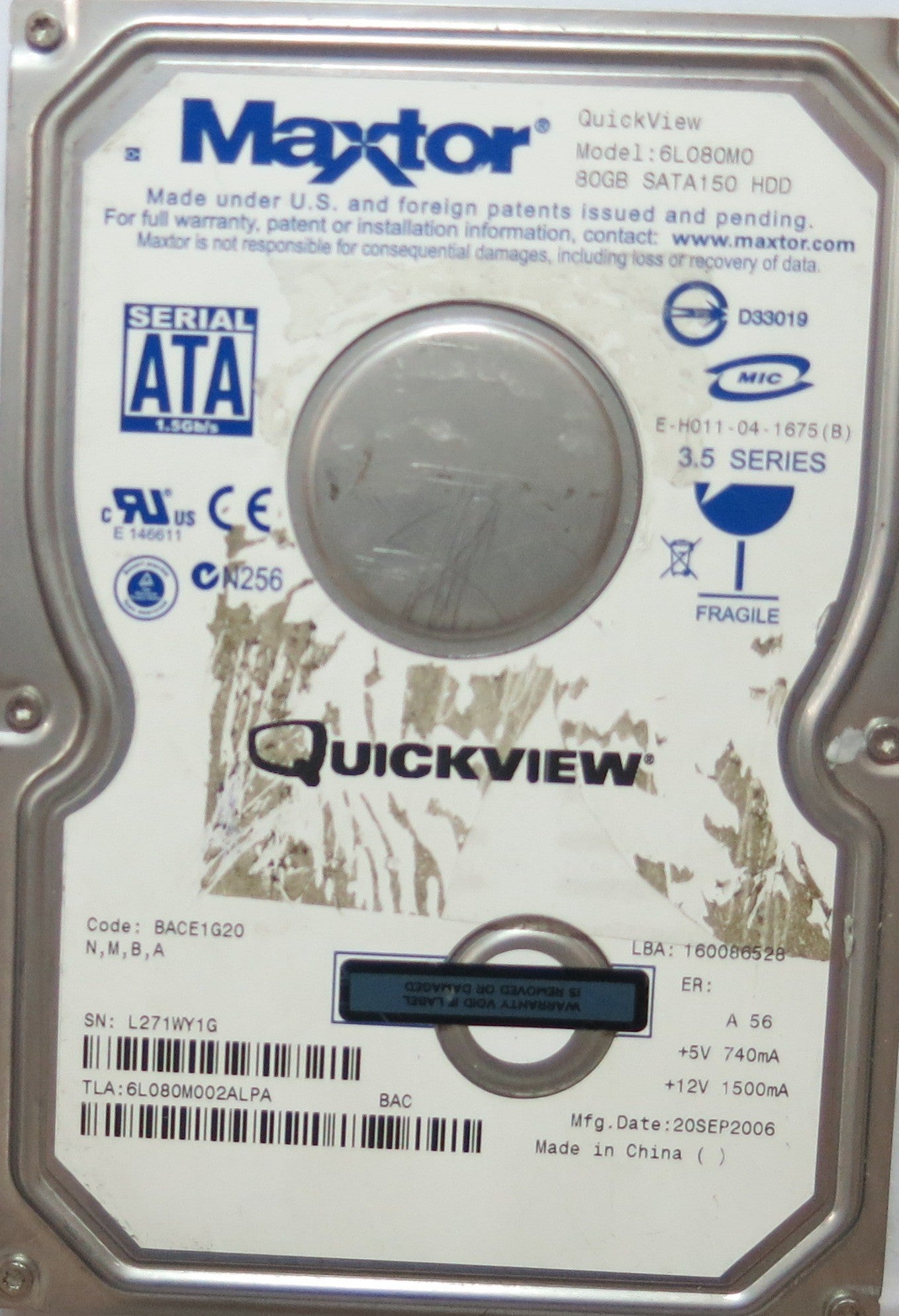 6L080M00 PCB: 302071101 SERIAL: L271WY1G CODE: BACE 1G20 N,M,B,A 80GB