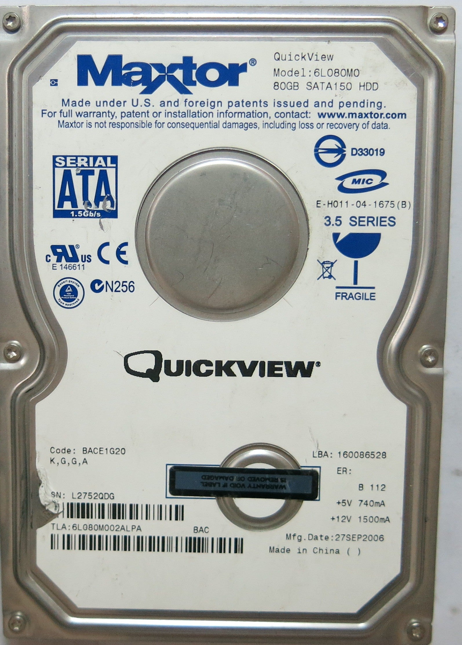6L080M00 PCB: 302071101 SERIAL: L2752QDGGL02B CODE: BACE1G20 K.G.G.A 80GB