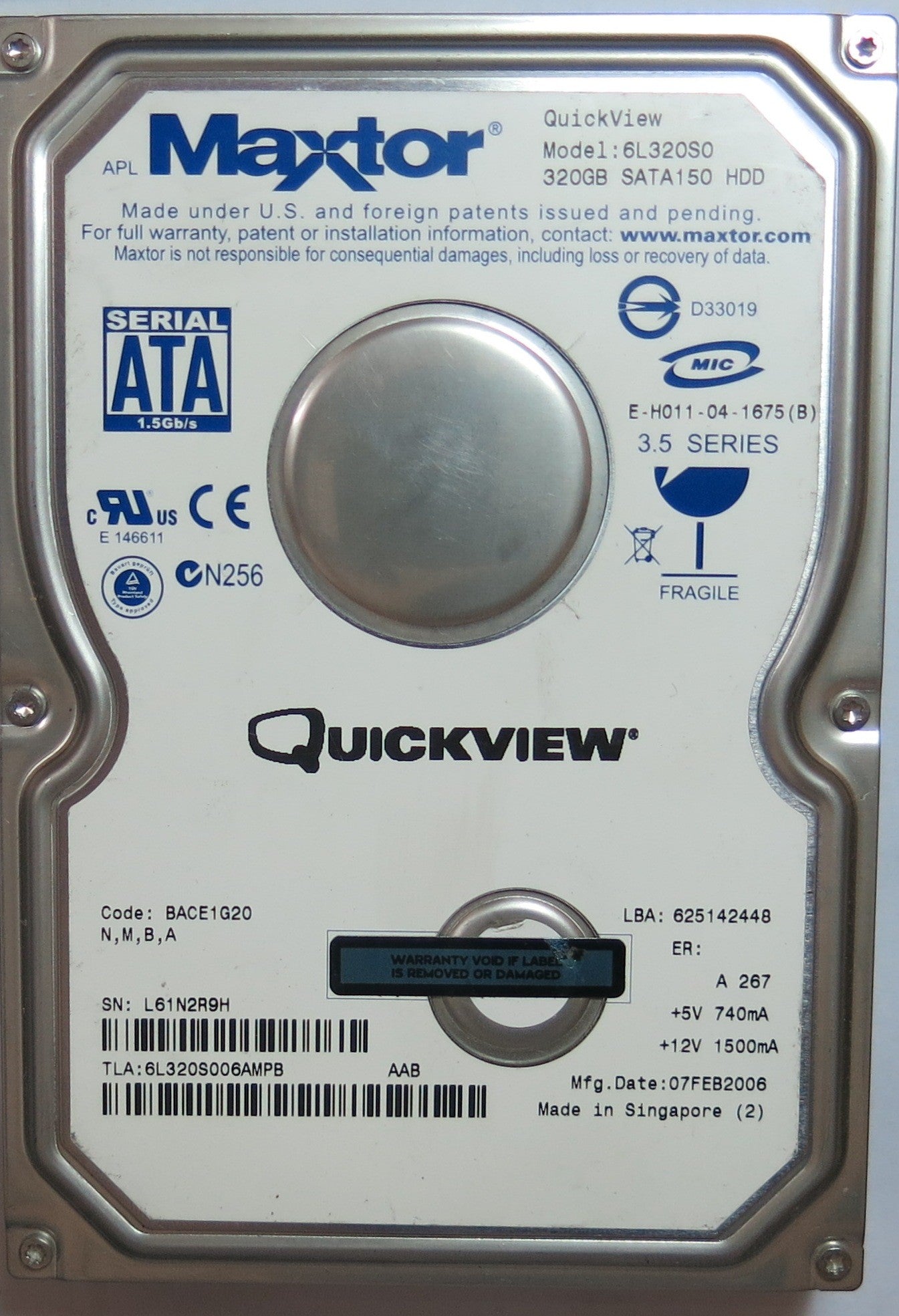 6L320SO PCB: 302071101 SERIAL L61N2R9H PN BACE1G20  N,M,B,A  FW 3.5  320,GB