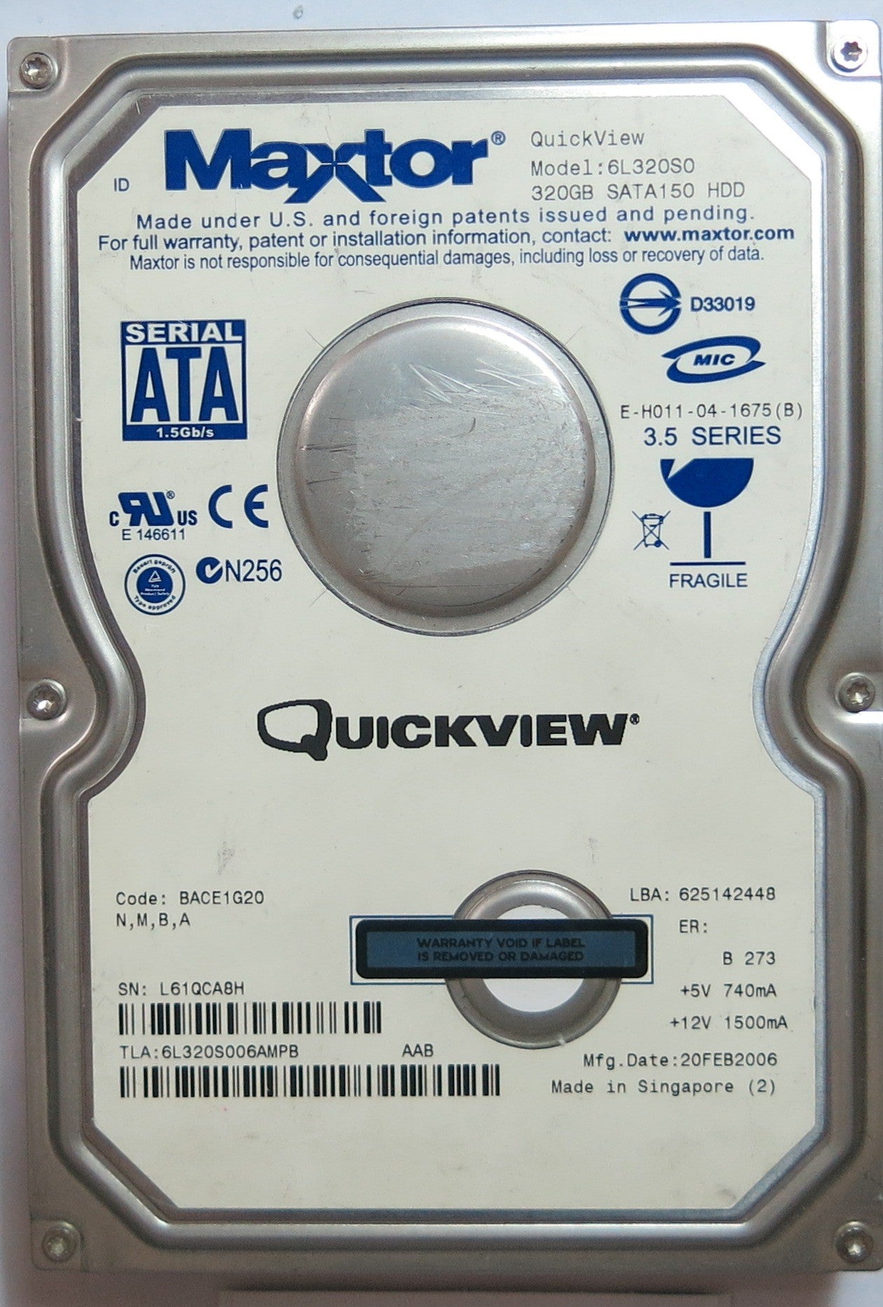 6L320SO PCB: 302071101 SERIAL L61QCA8H PN BACE1G20  N,M,B,A  FW 3.5  320,GB