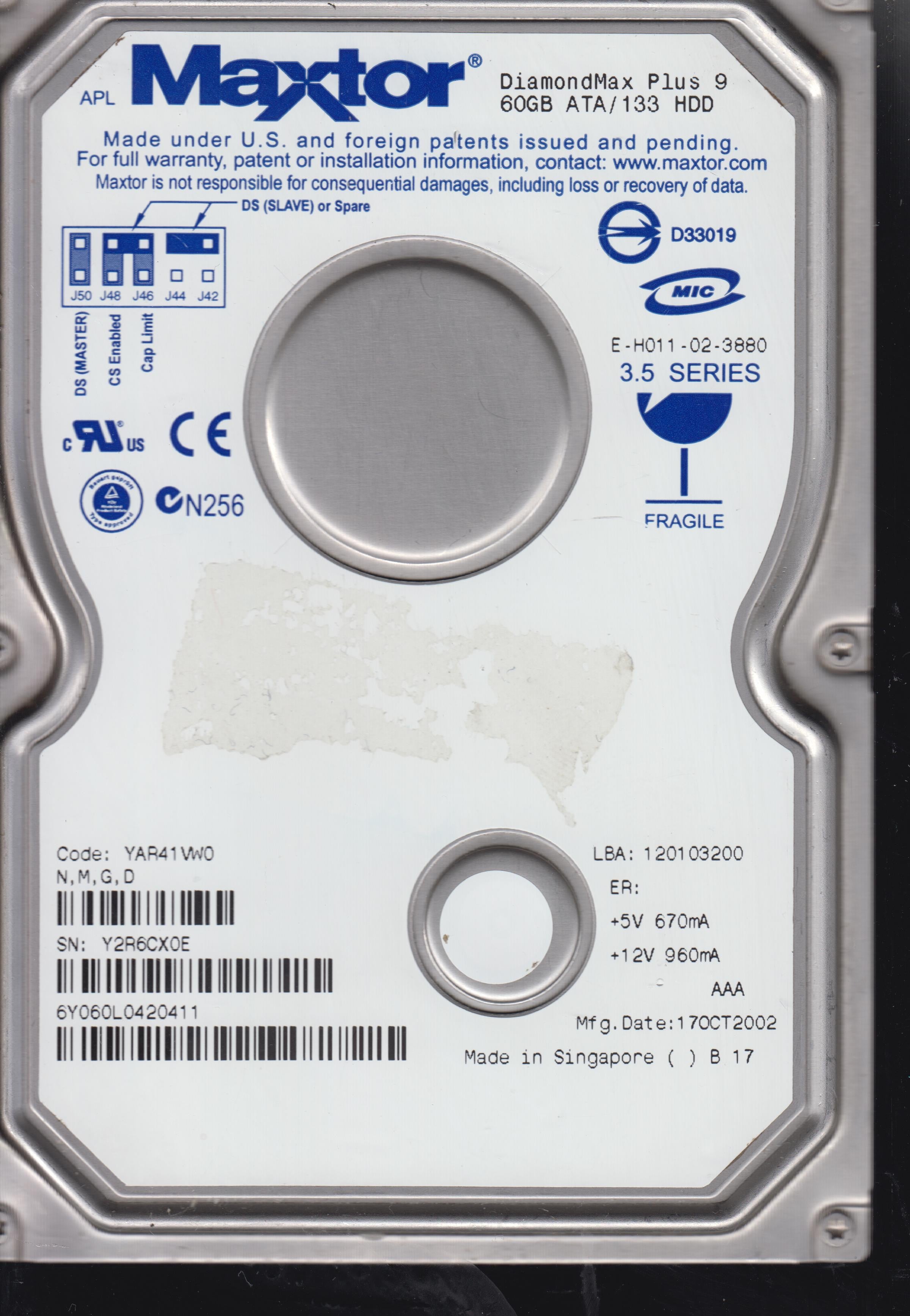 6Y060L0420411, PCB: 301599100 , Serial: Y2R6CX0E , 60GB 3.5﻿