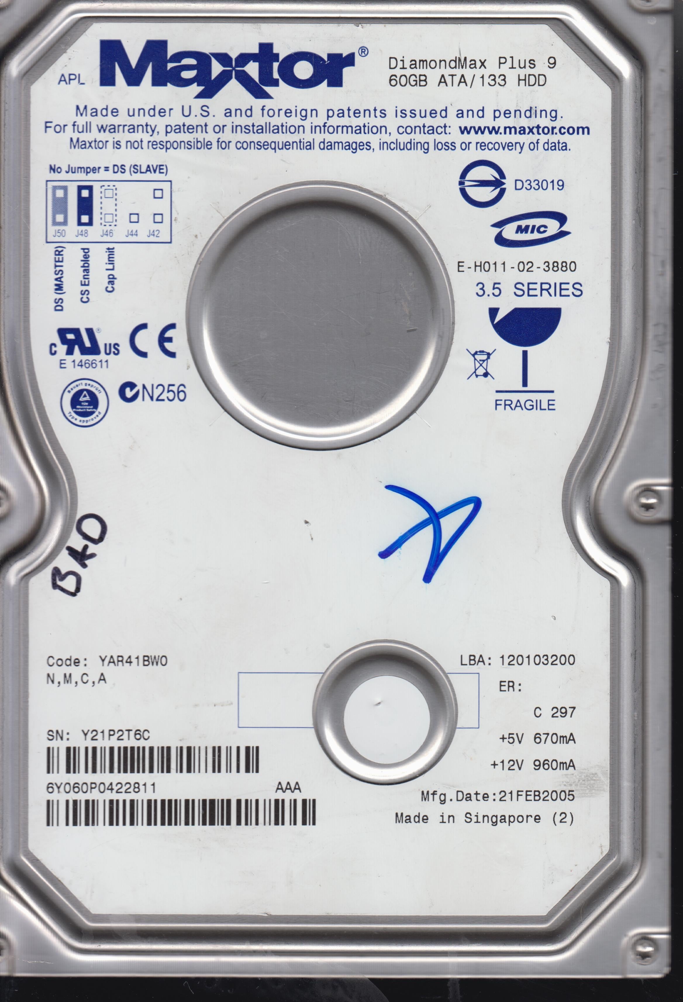 6Y060P0422811, PCB: 301862101, Serial: Y21P2T6C, 60GB 3.5﻿