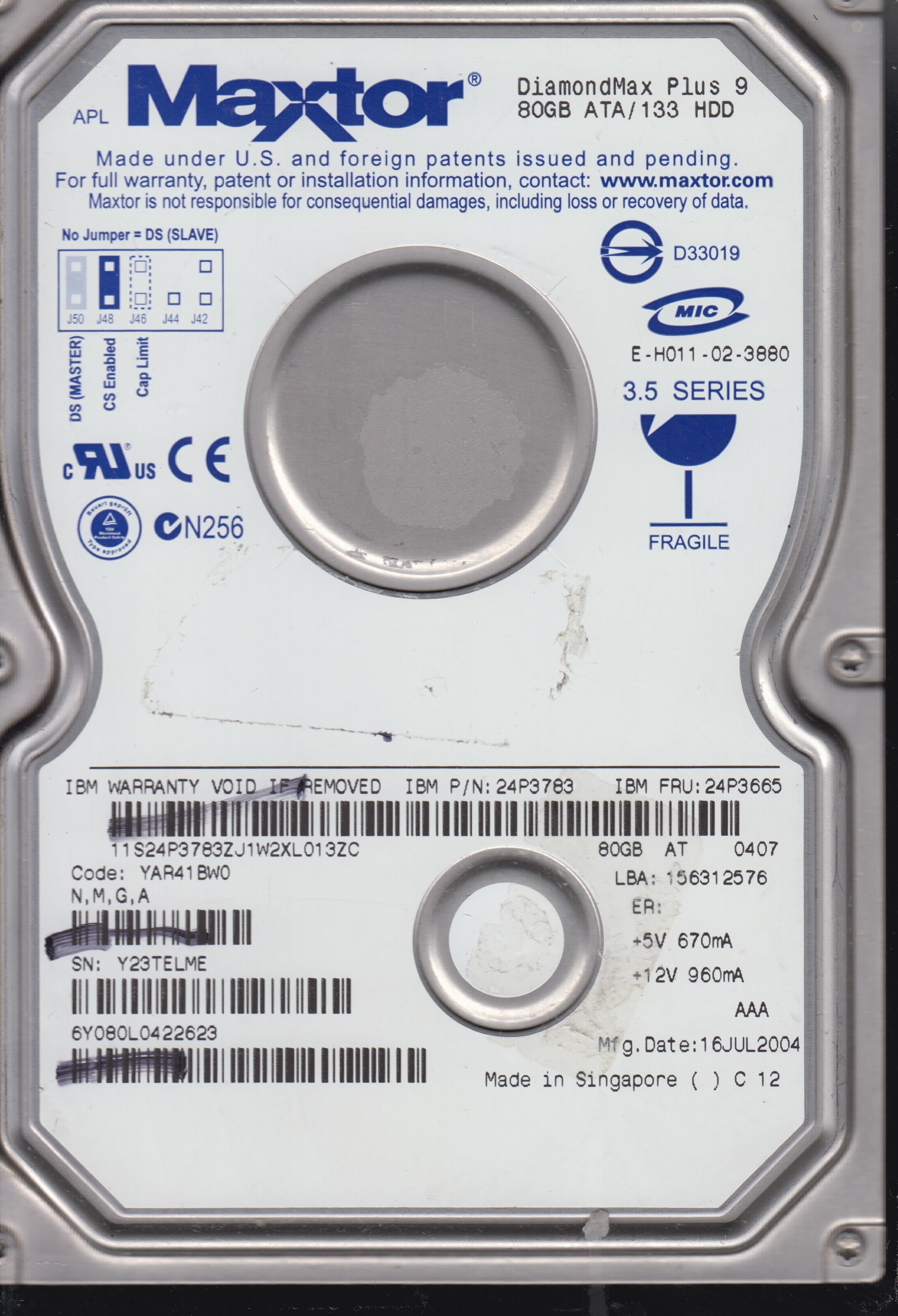 6Y080L0 CODE  YAR1BW0 N,M,G,A 80GB 3.5