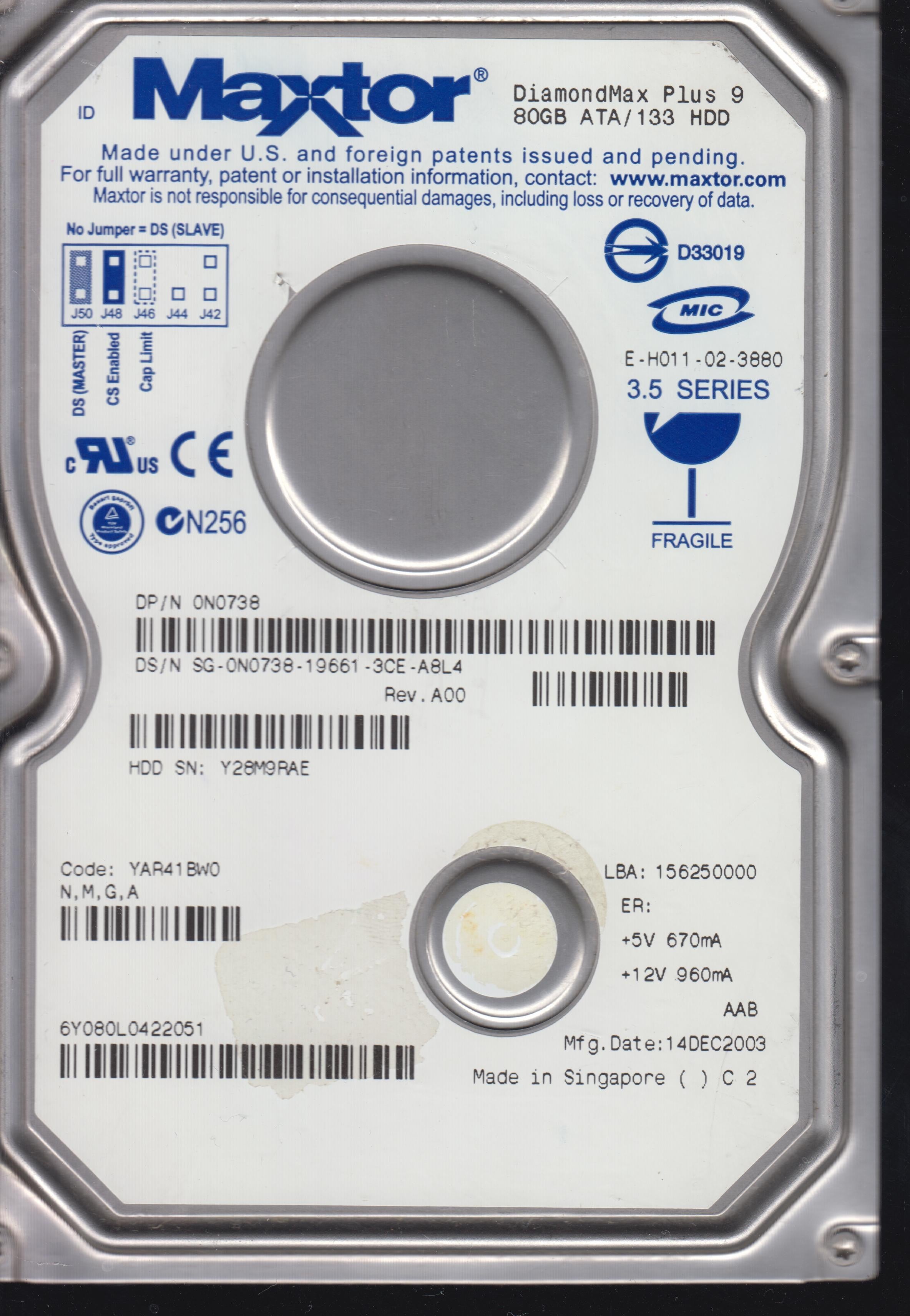 6Y080L0422051, PCB: 301599100, Serial: Y28M9RAE, 80GB