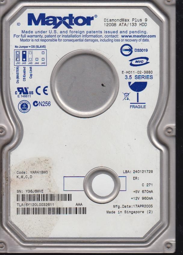 6Y120L0032611,Serial: Y36J6WVE,120GB 3.5