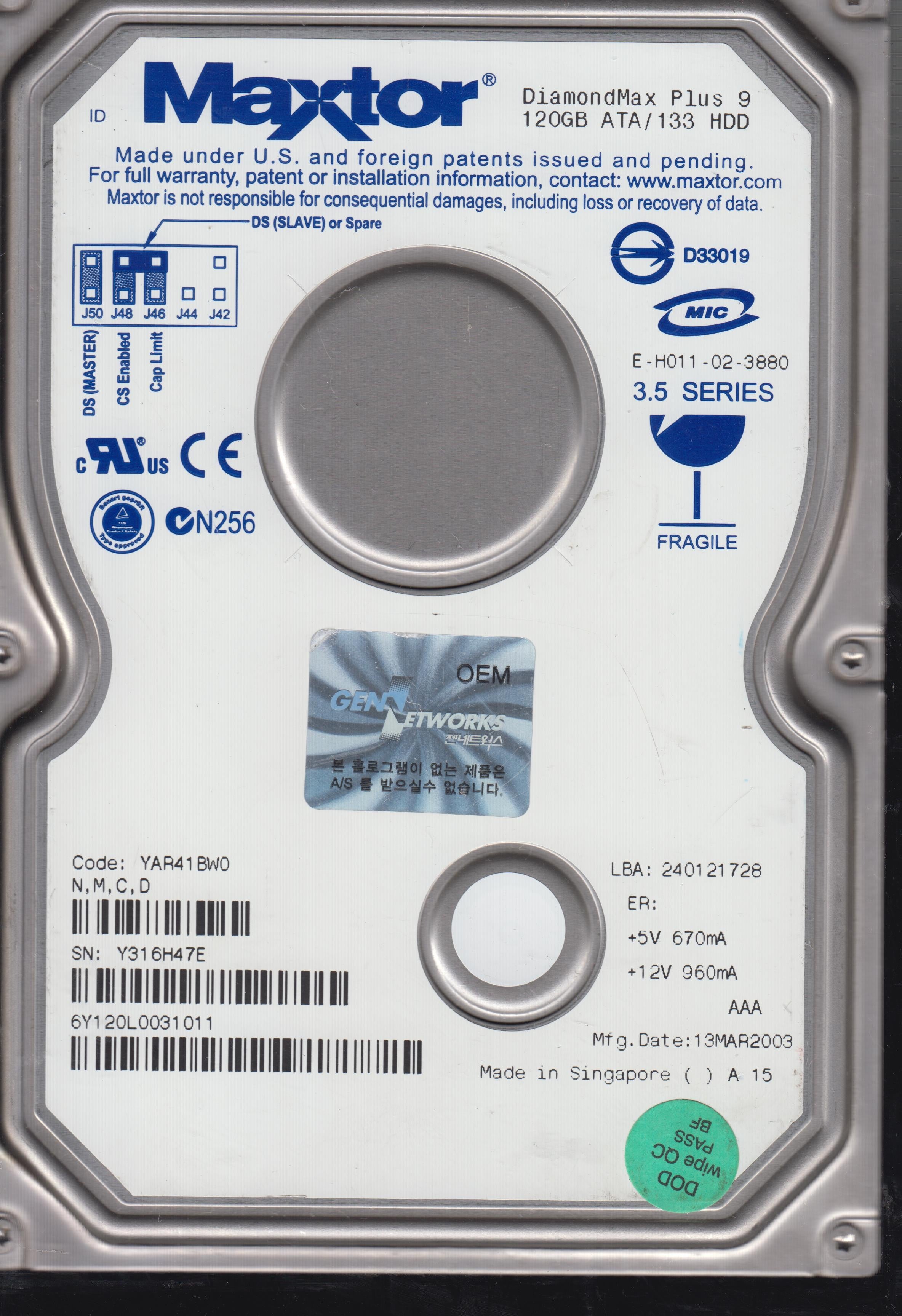 6Y120L0031011, PCB: 301599100, 120GB 3.5