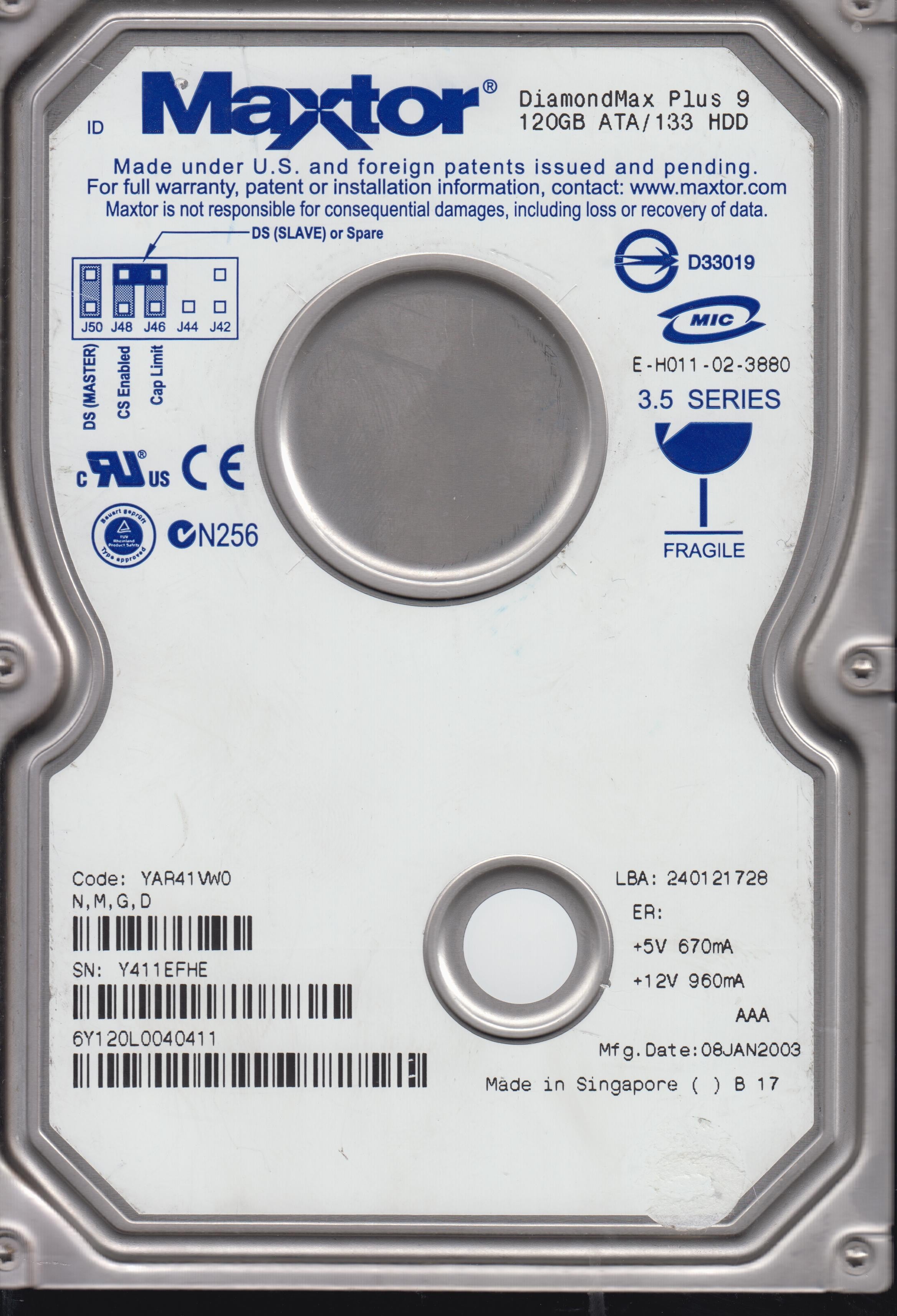 6Y120L0040411,PCB: 30159910 ,Serial: Y411EFHE , 120GB 3.5