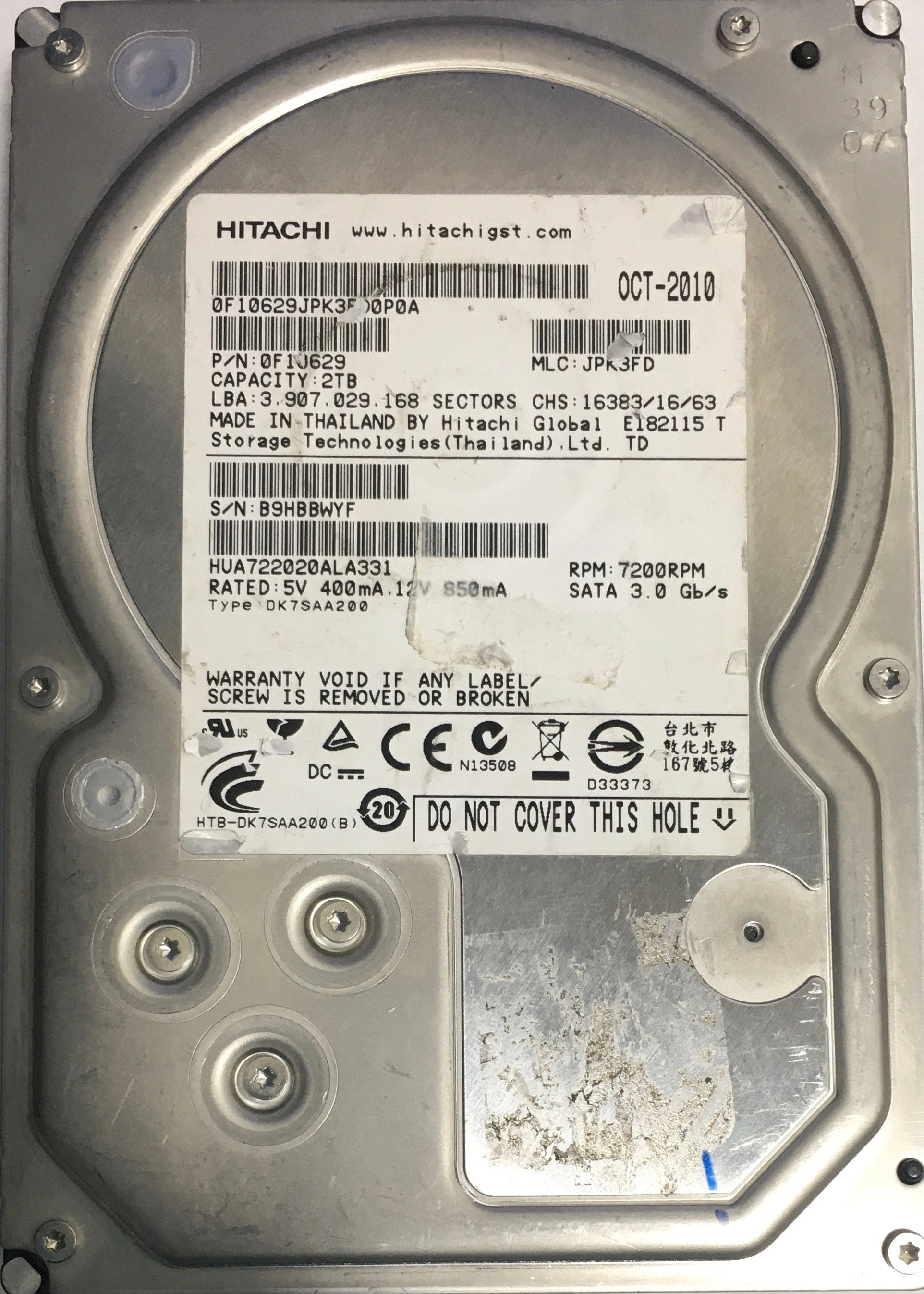 HUA722020ALA331,  P/N:0F1J629,  MLC:JPK2FD,  Serial:B9HBBWYF,  2000GB 3.5,  PCB :110 0A900201 01- REV A