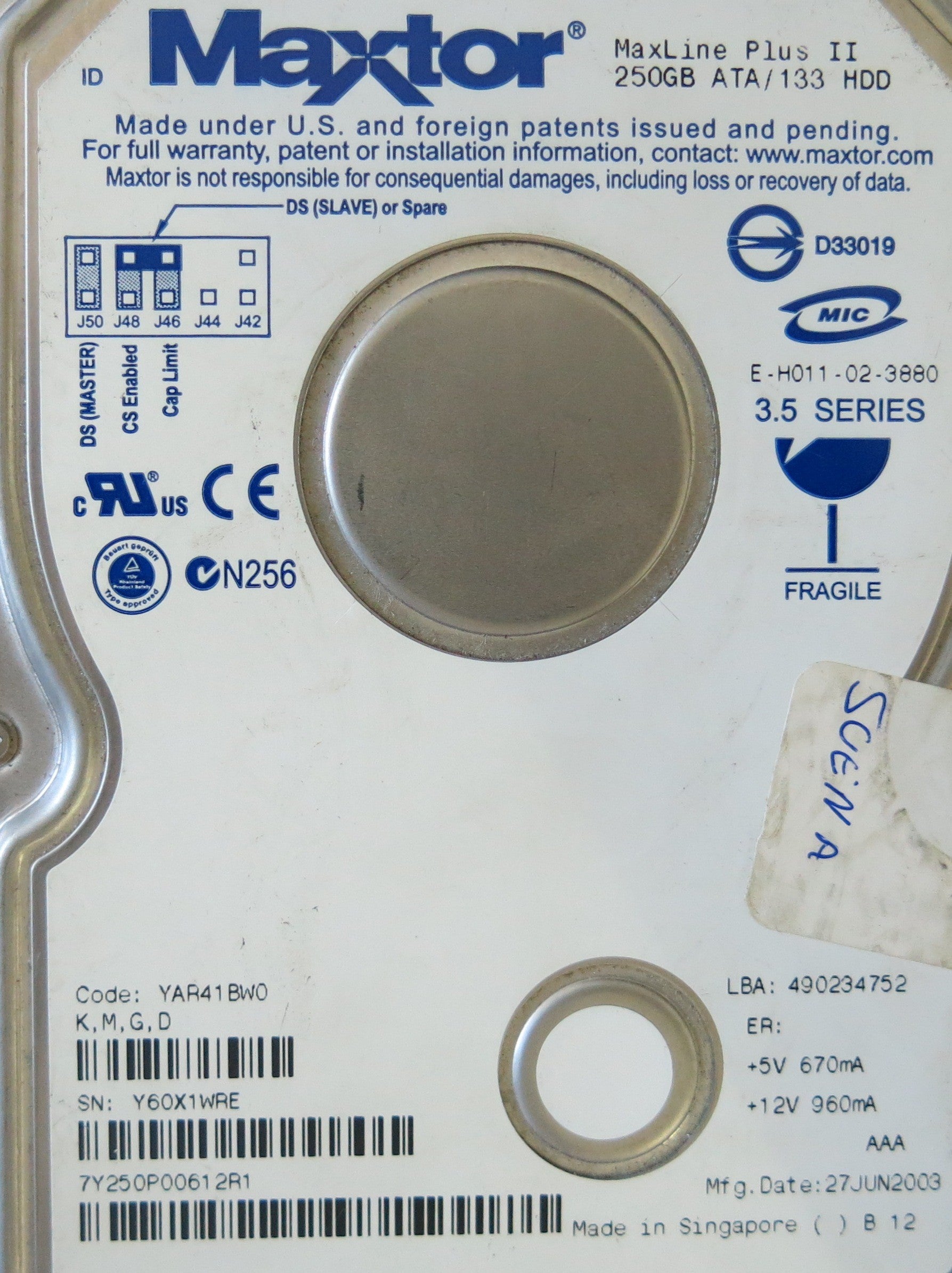 MAXTOR 6Y250P0 CODE YAR41BW0 K,M,G,D PCB 301599100
