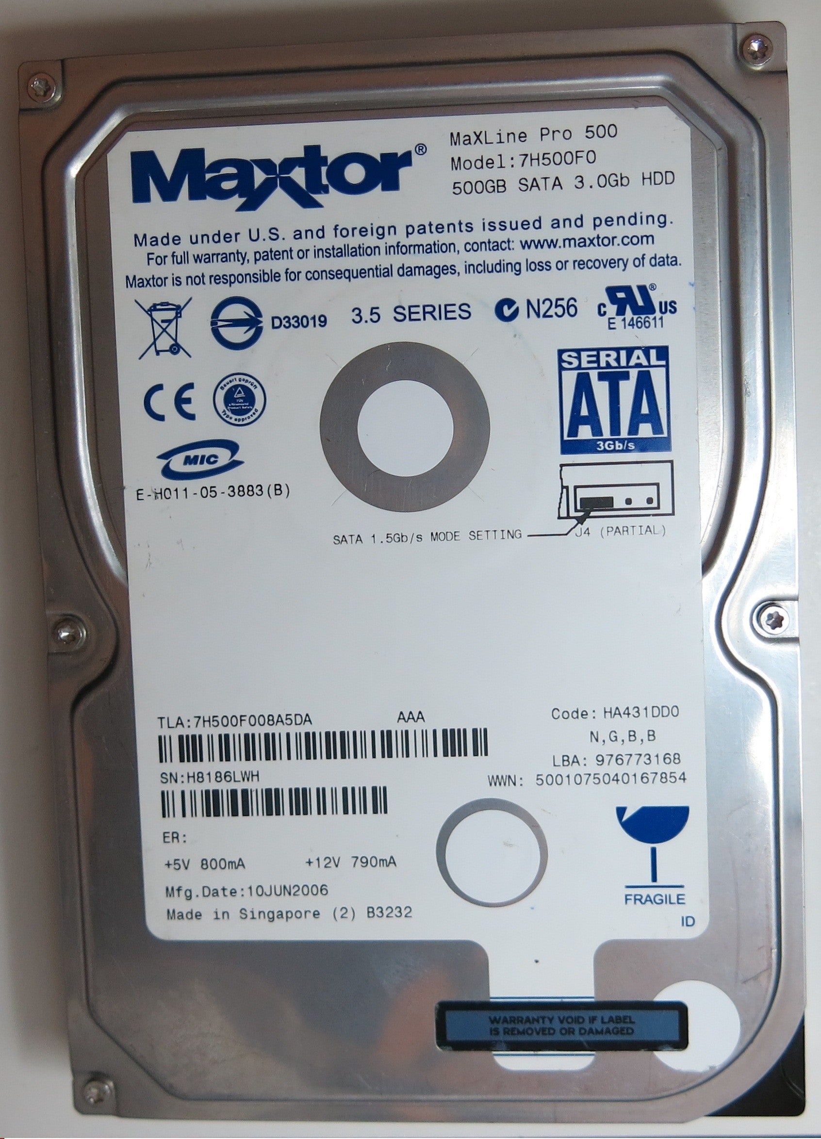 7H500F0,  Serial Number:H8186LWH,  500GB 3.5,     PCB:302021103
