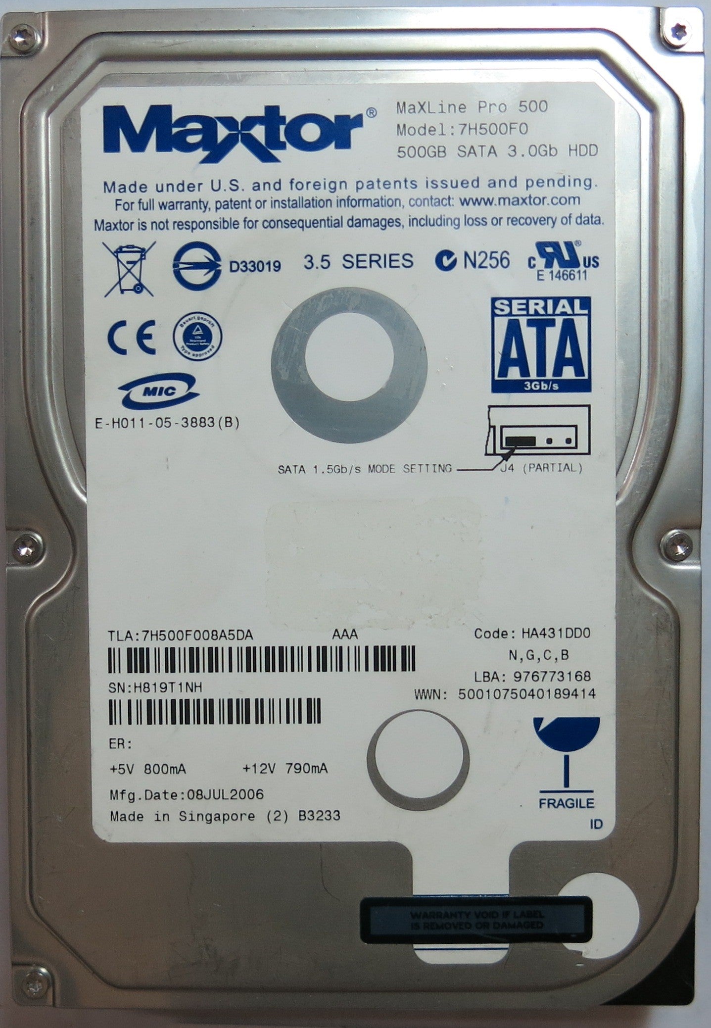 7H500F0 PCB: 302021103 SERIAL H819T1NH PN HA4331DD0  N,G,C,B  FW 3.5   500,GB