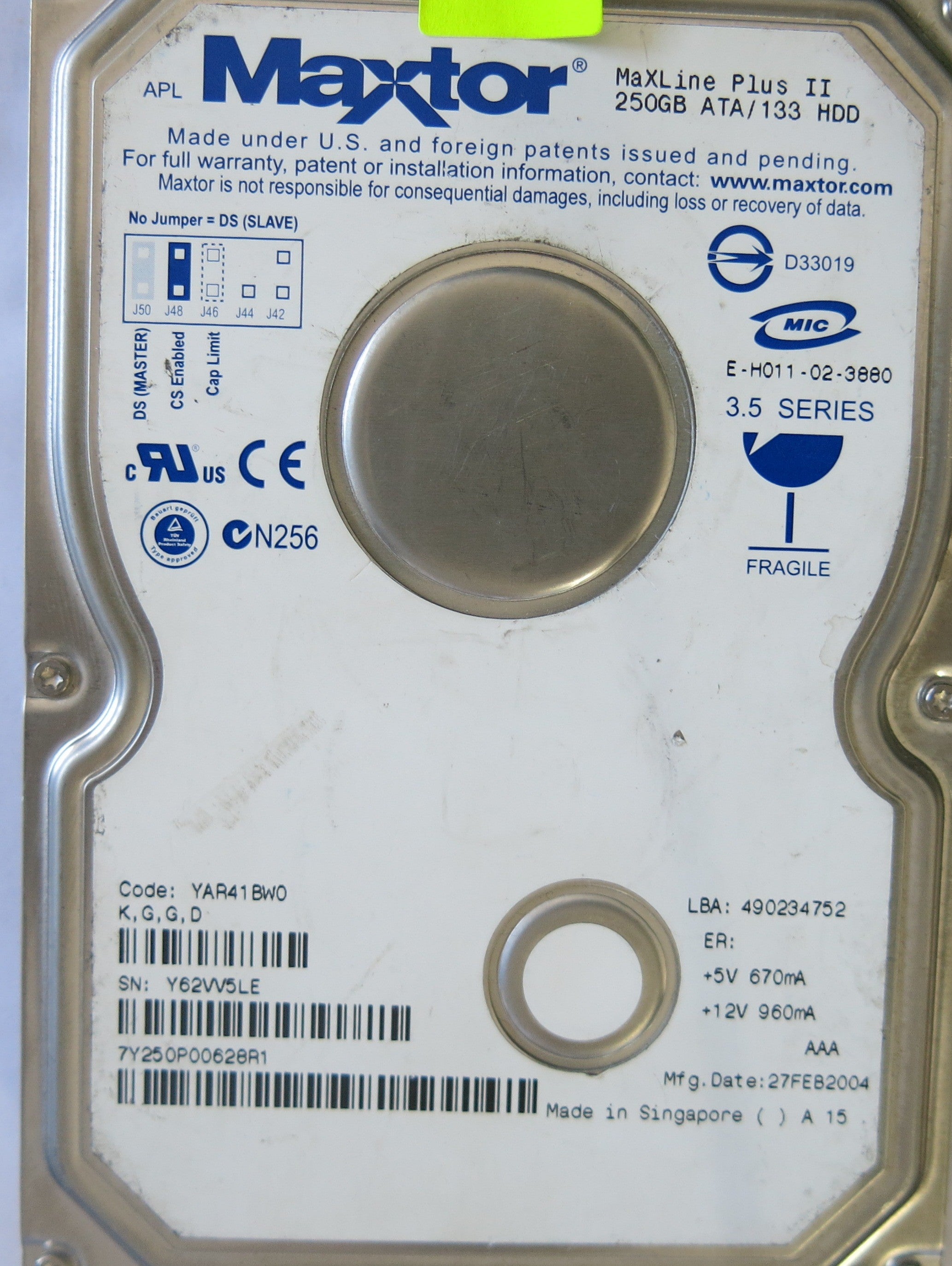 MAXTOR 7Y250P0 CODE YAR41BW0 K,G,G,D PCB 301862101