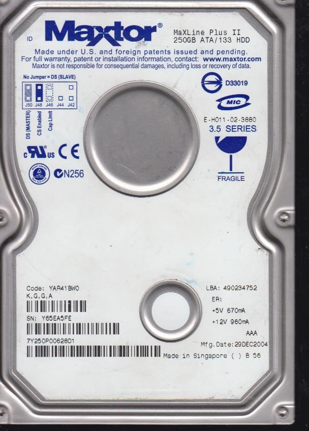 7Y250P0628D1,Serial: Y65EA5FE,250GB 3.5