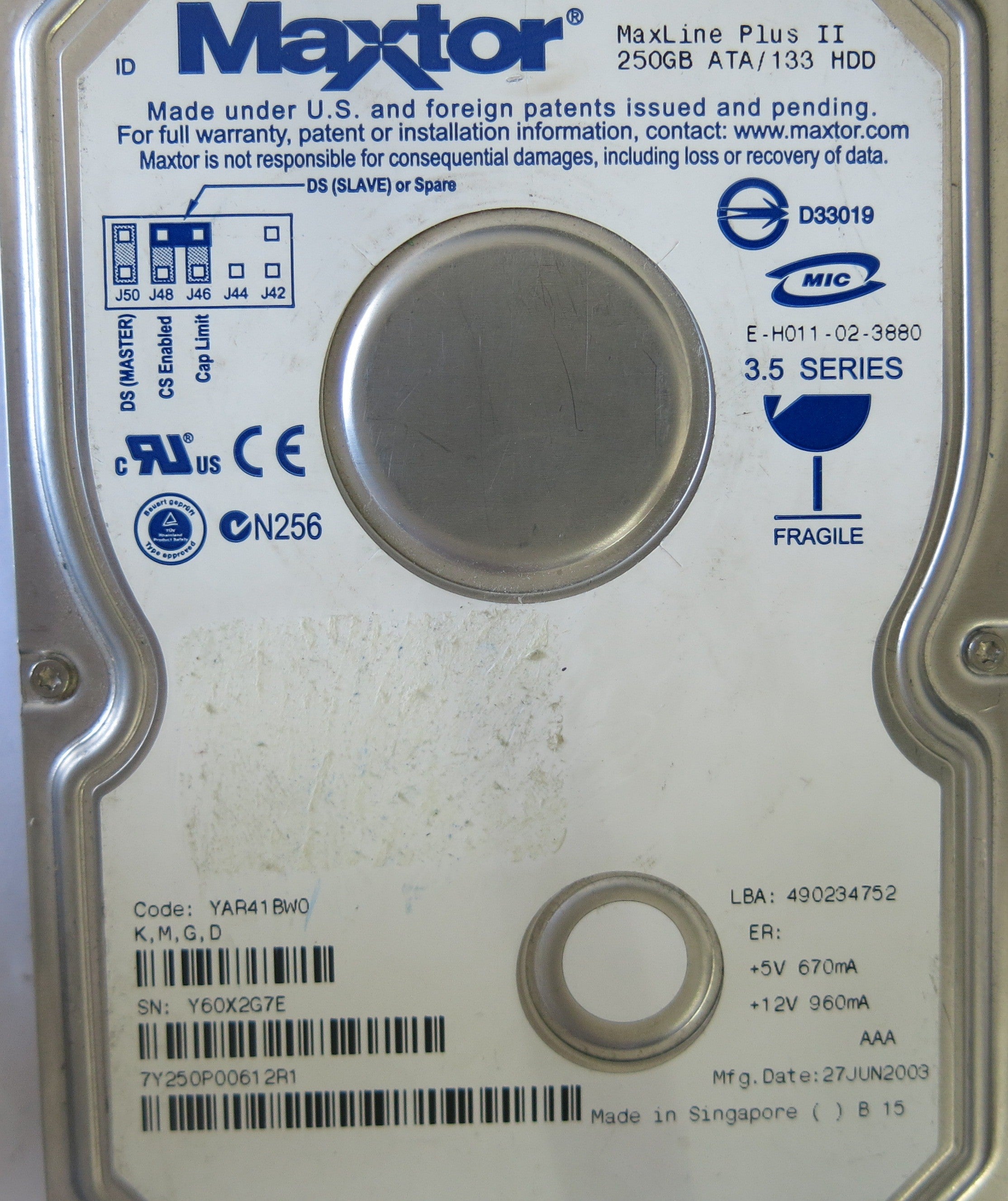 MAXTOR 7Y250P00612R1 CODE YAR41BW0  301599100 PCB