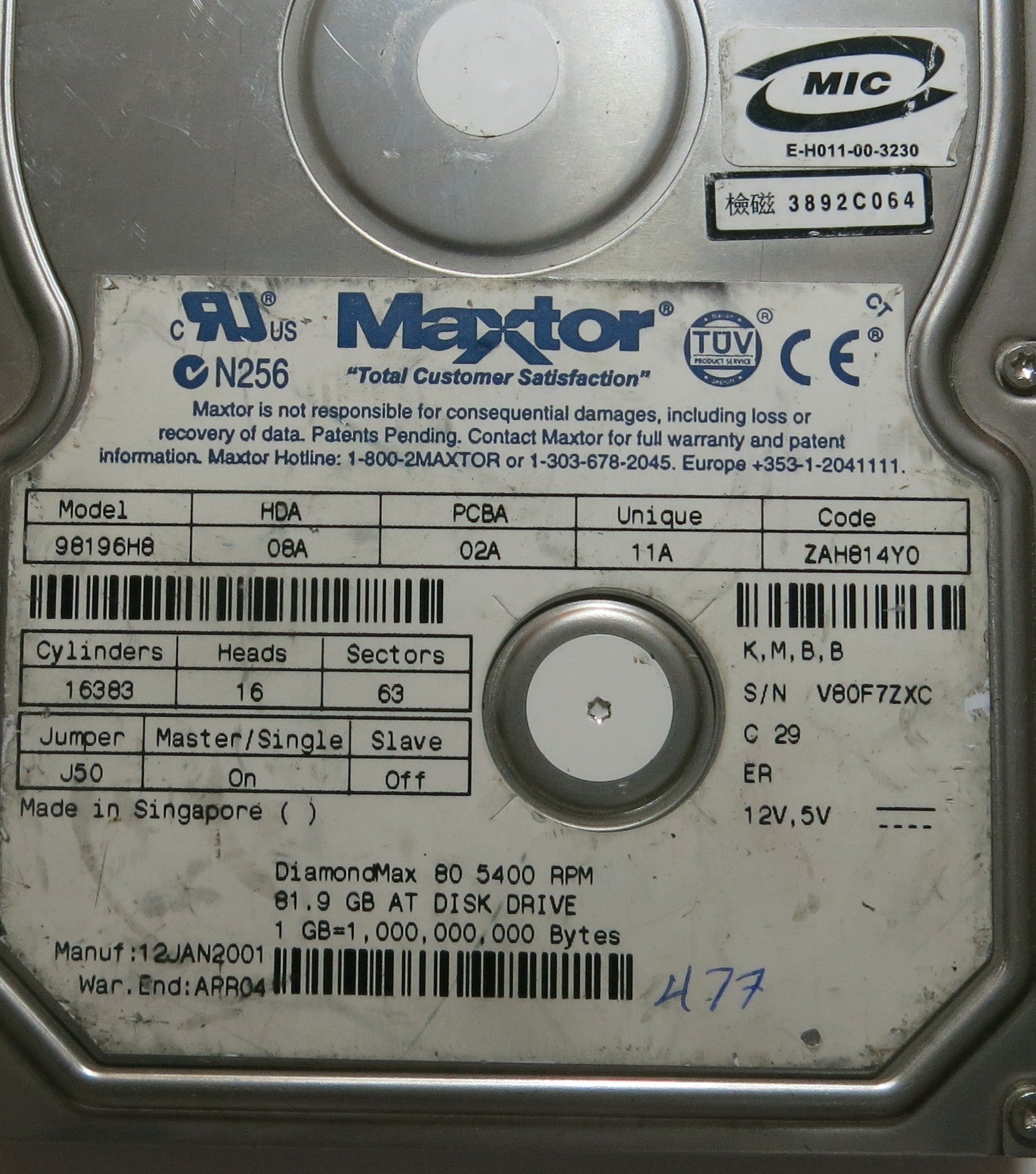 MAXTOR 98196H6 CODE ZAHB14Y0 K,M,B,B 301351100 PCB